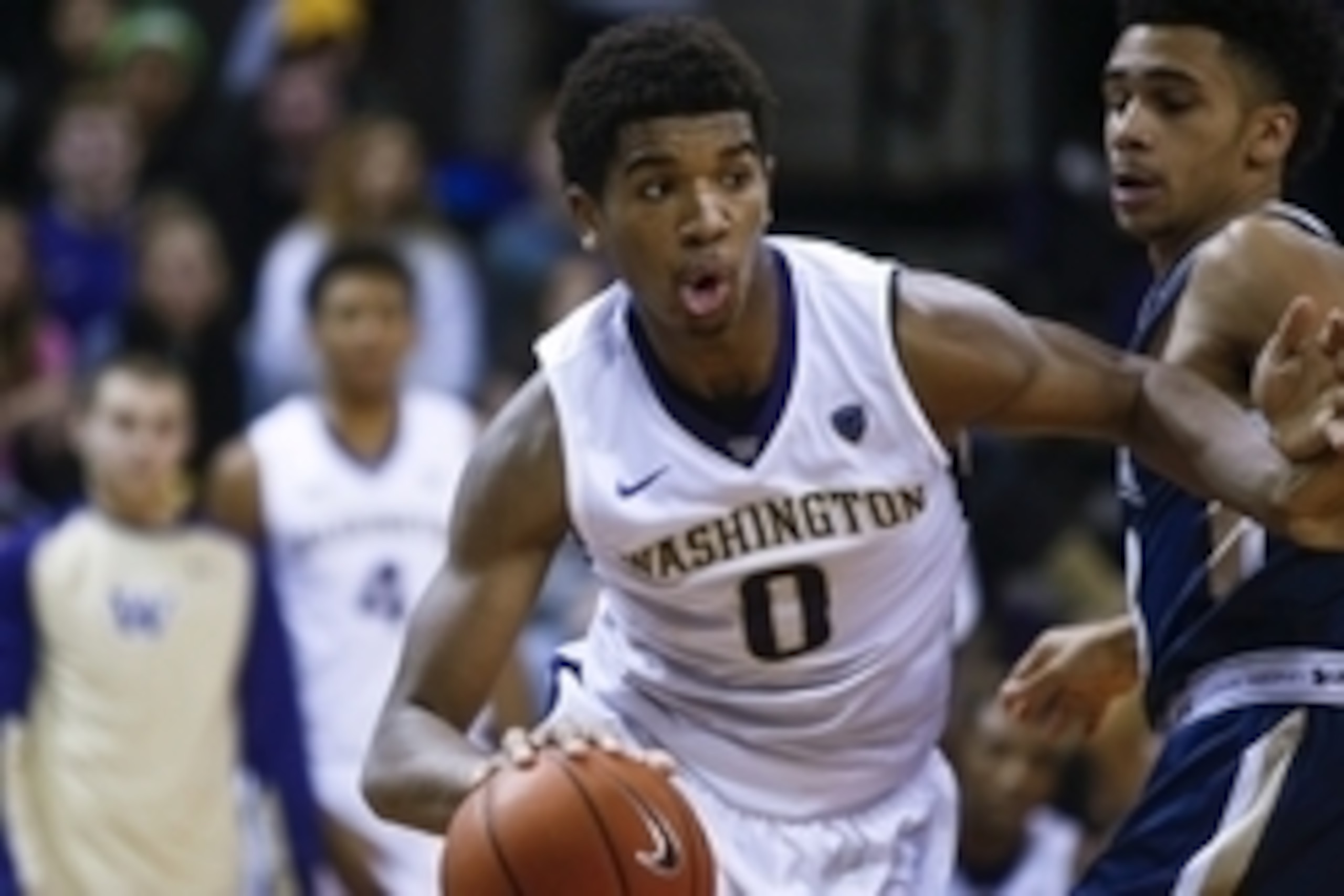 Nov 19, 2015; Seattle, WA, USA; Washington Huskies forward Marquese Chriss (0) dribbles the ball against the Mount St. Mary's Mountaineers during the second half at Alaska Airlines Arena. The Huskies won 100-67. Mandatory Credit: Joe Nicholson-USA TODAY S