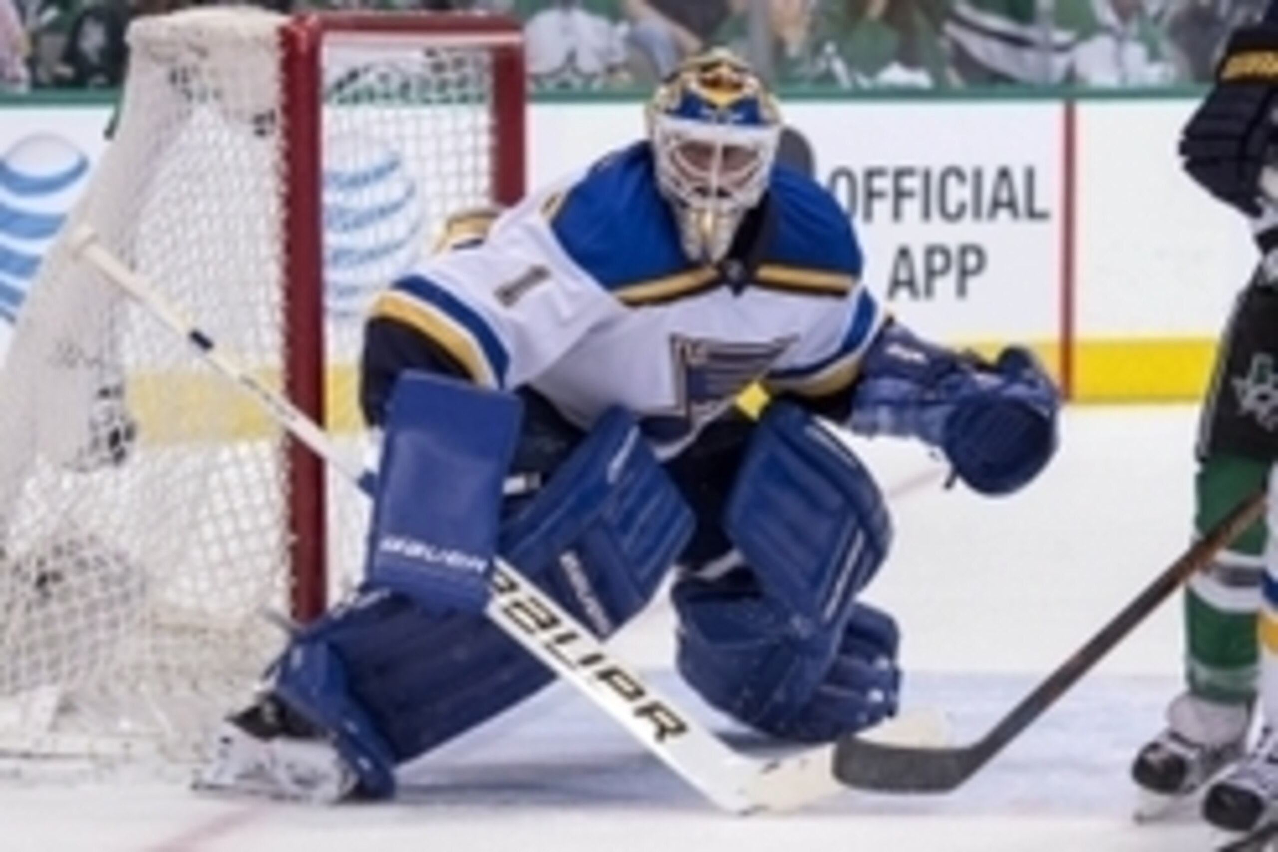 Apr 29, 2016; Dallas, TX, USA; St. Louis Blues goalie Brian Elliott (1) faces the Dallas Stars attack during the game during the second period in game one of the second round of the 2016 Stanley Cup Playoffs at the American Airlines Center. Mandatory Cred