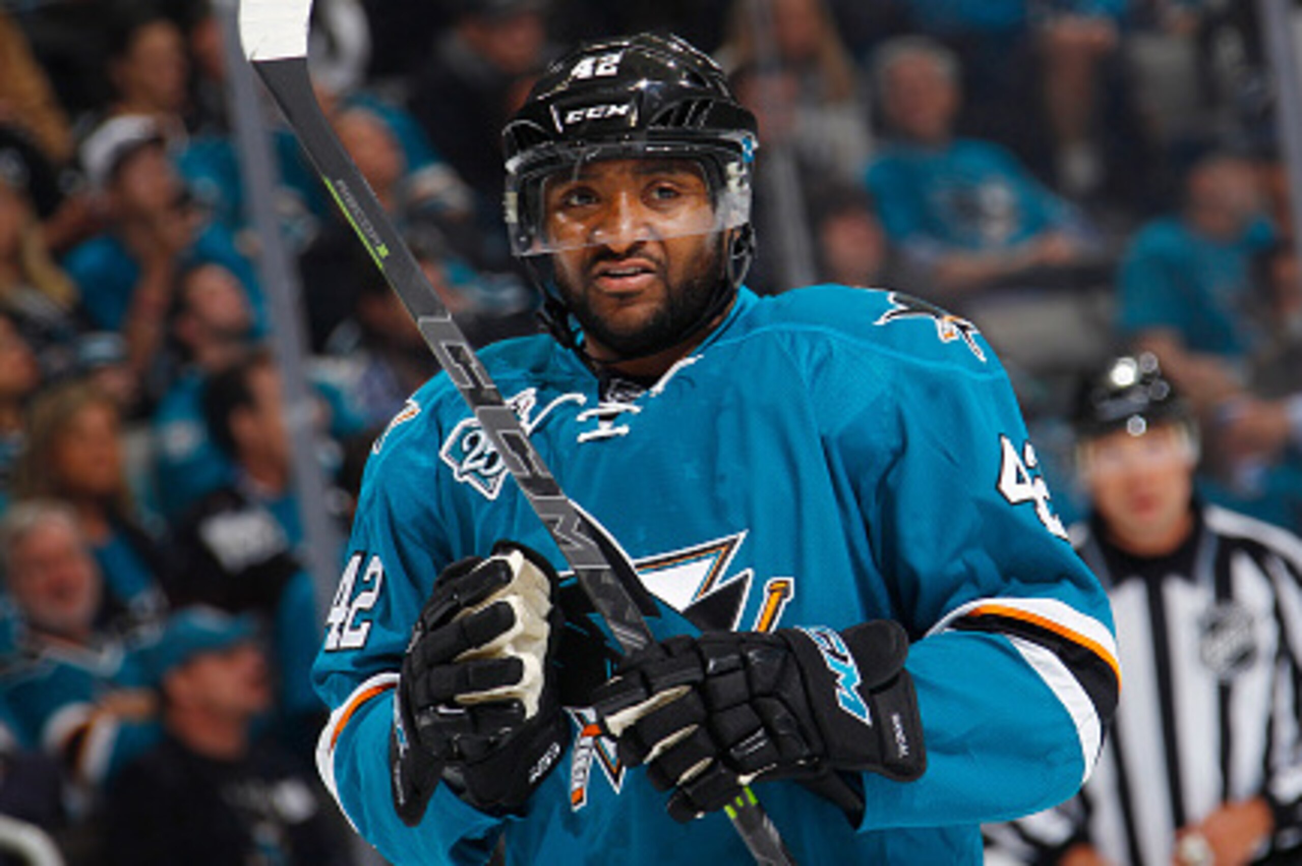 SAN JOSE, CA - APRIL 18: Joel Ward #42 of the San Jose Sharks looks on during the game against the Los Angeles Kings in Game Three of the Western Conference First Round during the 2016 NHL Stanley Cup Playoffs at SAP Center on April 18, 2016 in San Jose, 