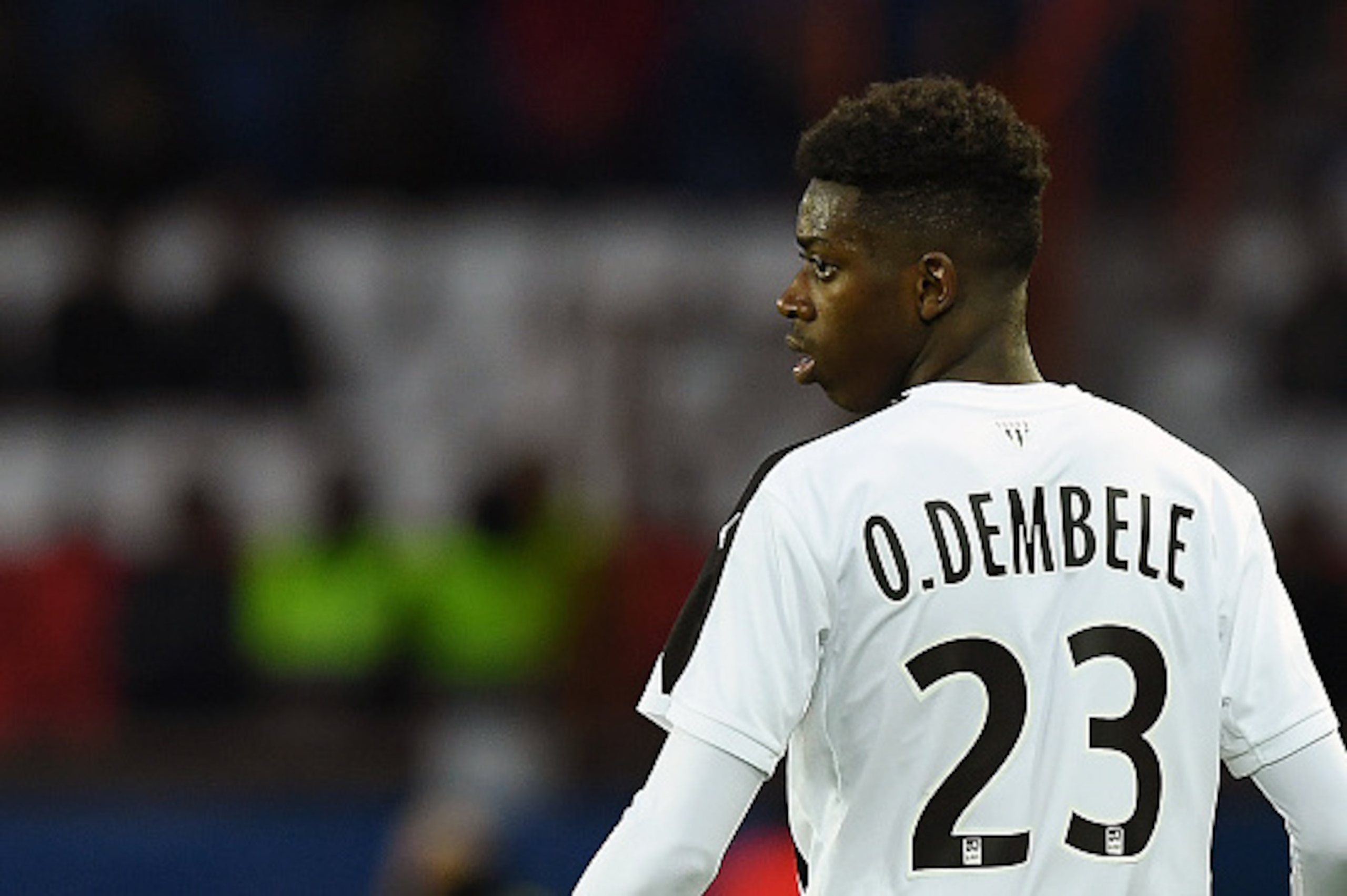 Rennes' French forward Ousmane Dembele reacts during the French L1 football match between Paris Saint-Germain and Rennes at the Parc des Princes stadium in Paris on April 29, 2016. / AFP / FRANCK FIFE        (Photo credit should read FRANCK FIFE/AFP/Getty