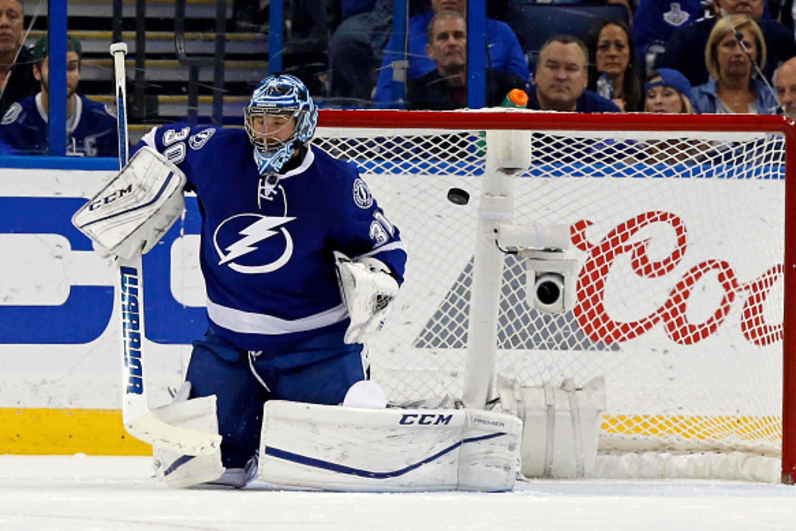 TAMPA, FL - APRIL 27:  Ben Bishop #30 of the Tampa Bay Lightning allows a goal to the New York Islanders during the second period in Game One of the Eastern Conference Second Round during the 2016 NHL Stanley Cup Playoffs at Amalie Arena on April 27, 2016