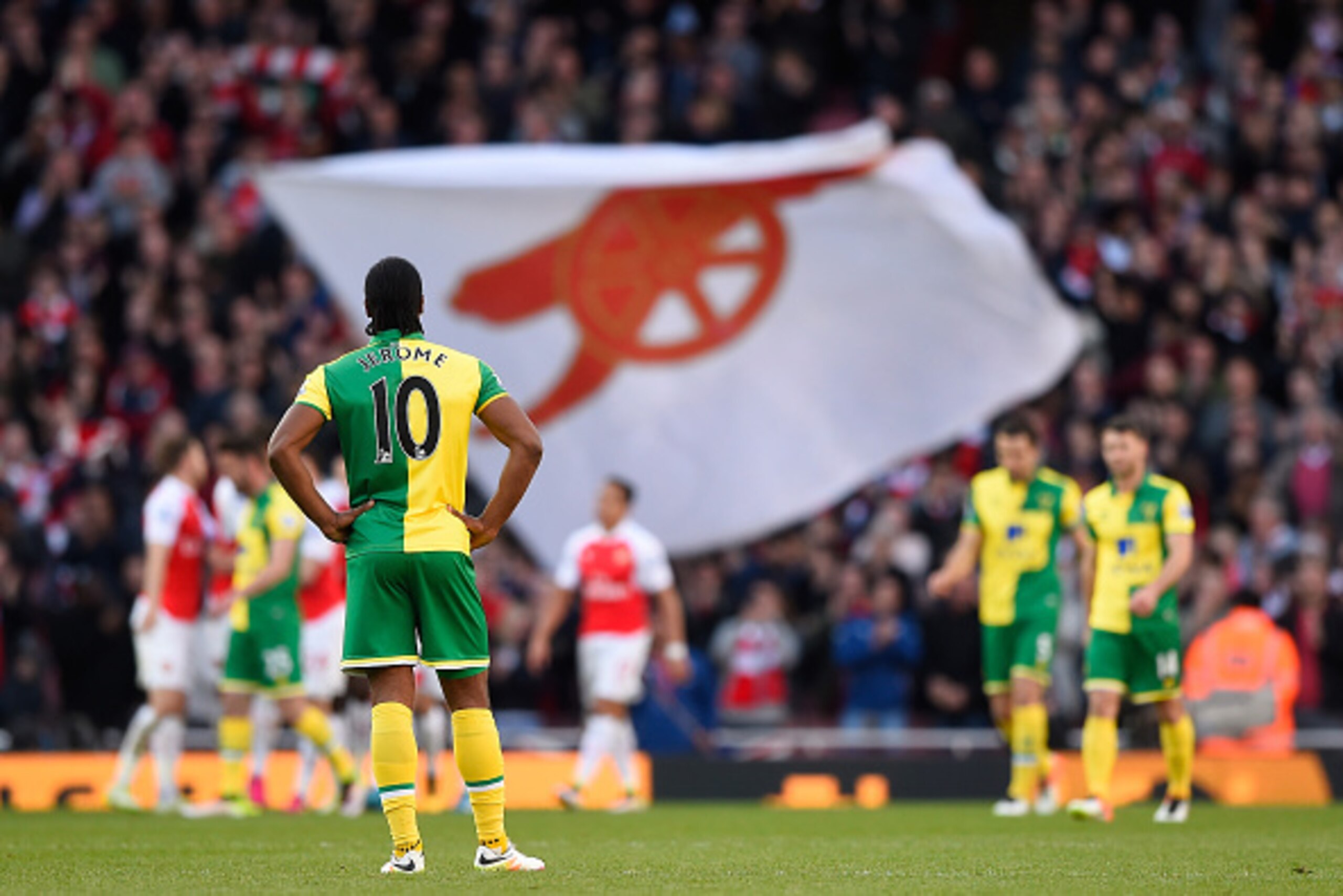 LONDON, ENGLAND - APRIL 30: Cameron Jerome of Norwich City reacts after the opening goal scored by Danny Welbeck of Arsenal during the Barclays Premier League match between Arsenal and Norwich City at The Emirates Stadium on April 30, 2016 in London, Engl