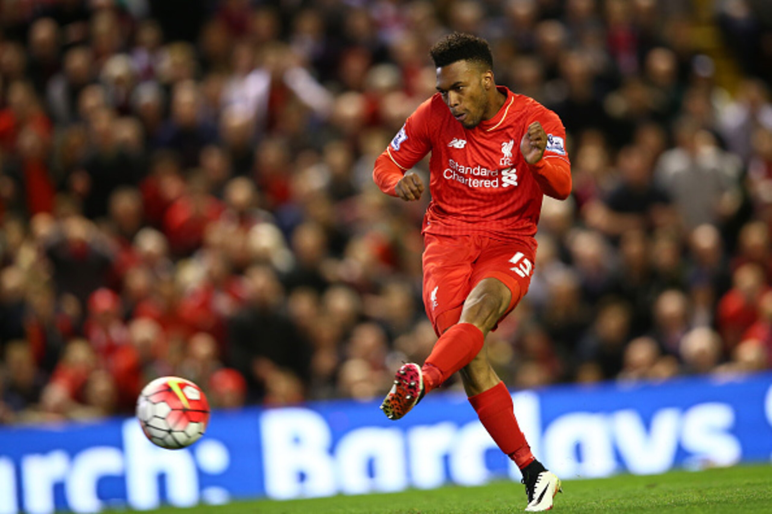 LIVERPOOL, ENGLAND - APRIL 20:  Daniel Sturridge of Liverpool scores his sides third goal during the Barclays Premier League match between Liverpool and Everton at Anfield, April 20, 2016, Liverpool, England  (Photo by Clive Brunskill/Getty Images)