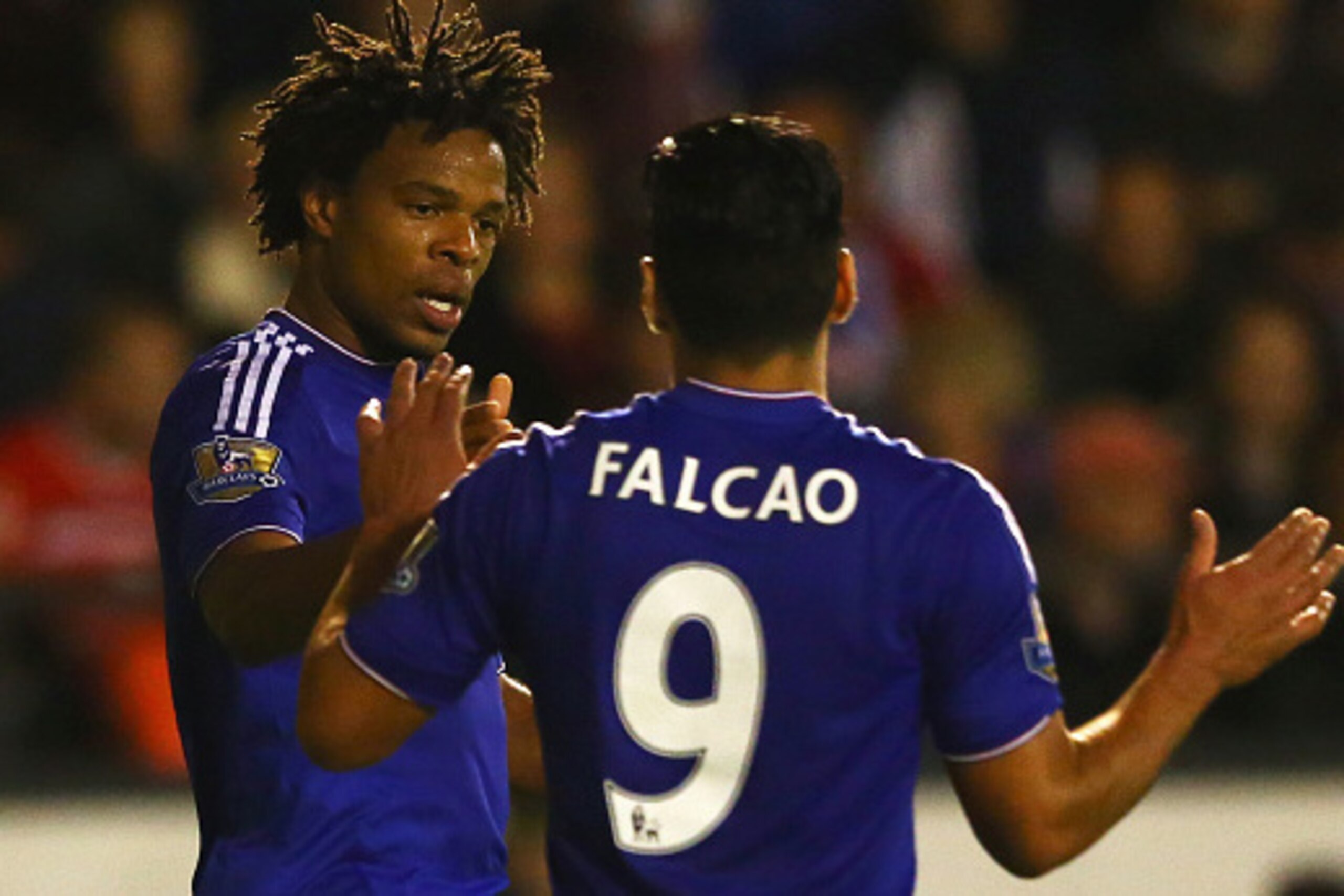 WALSALL, ENGLAND - SEPTEMBER 23:  Loic Remy of Chelsea (L) celebrates with Radamel Falcao Garcia as he scores their second goal during the Capital One Cup third round match between Walsall and Chelsea at Banks's Stadium on September 23, 2015 in Walsall, E