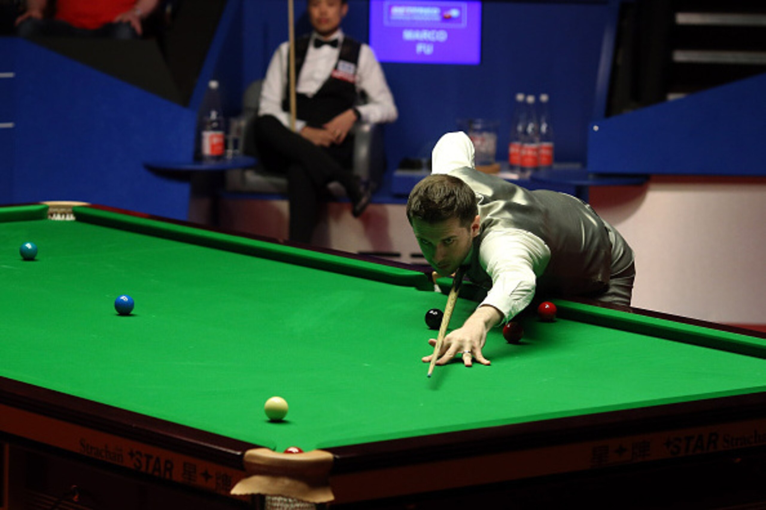 SHEFFIELD, ENGLAND - APRIL 30:  Mark Selby of England in action during his semi final match against  Marco Fu of Hong Kong on day fifteen of the World Championship Snooker at Crucible Theatre on April 30, 2016 in Sheffield, England.  (Photo by Nigel Roddi