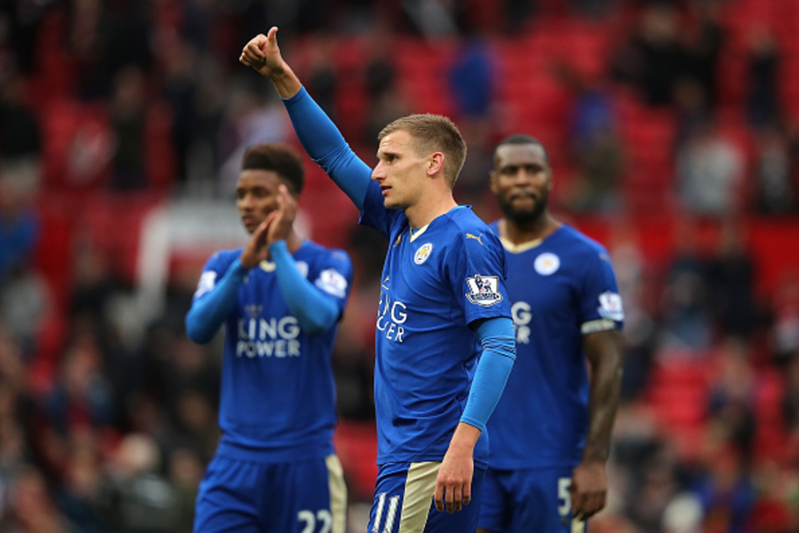 MANCHESTER, ENGLAND - MAY 01:  Marc Albrighton of Leicester City salutes the fans at the end of the Barclays Premier League match between Manchester United and Leicester City at Old Trafford on May 1, 2016 in Manchester, United Kingdom.  (Photo by Matthew