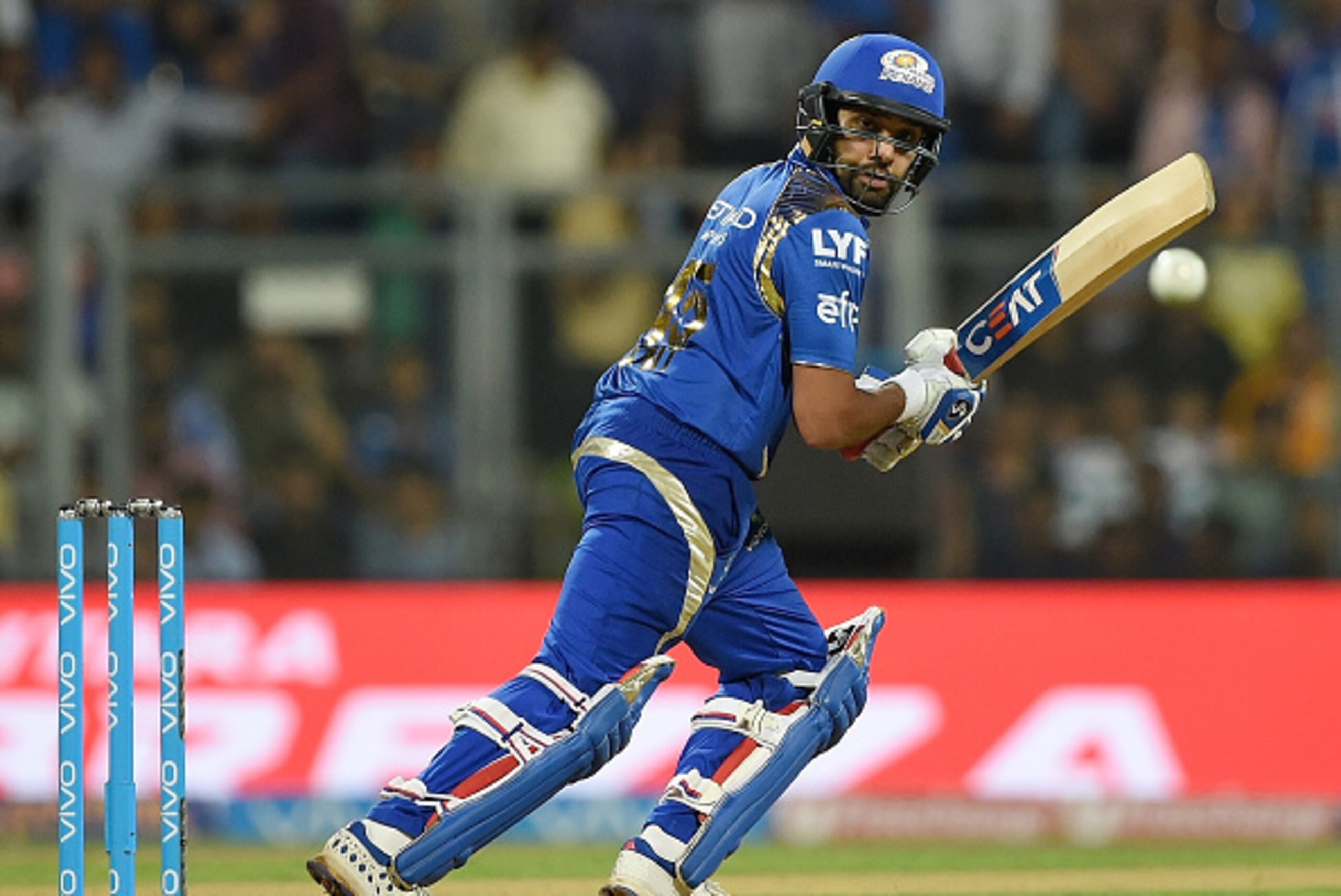 Mumbai Indians' captain Rohit Sharma plays a shot during the 2016 Indian Premier League (IPL) Twenty20 cricket match between Mumbai Indians and Kolkata Knight Riders at The Wankhede Cricket Stadium in Mumbai on April 28, 2016.ï¿½ï¿½ï¿½ï¿½ / AFP / PUNIT PARANJPE /