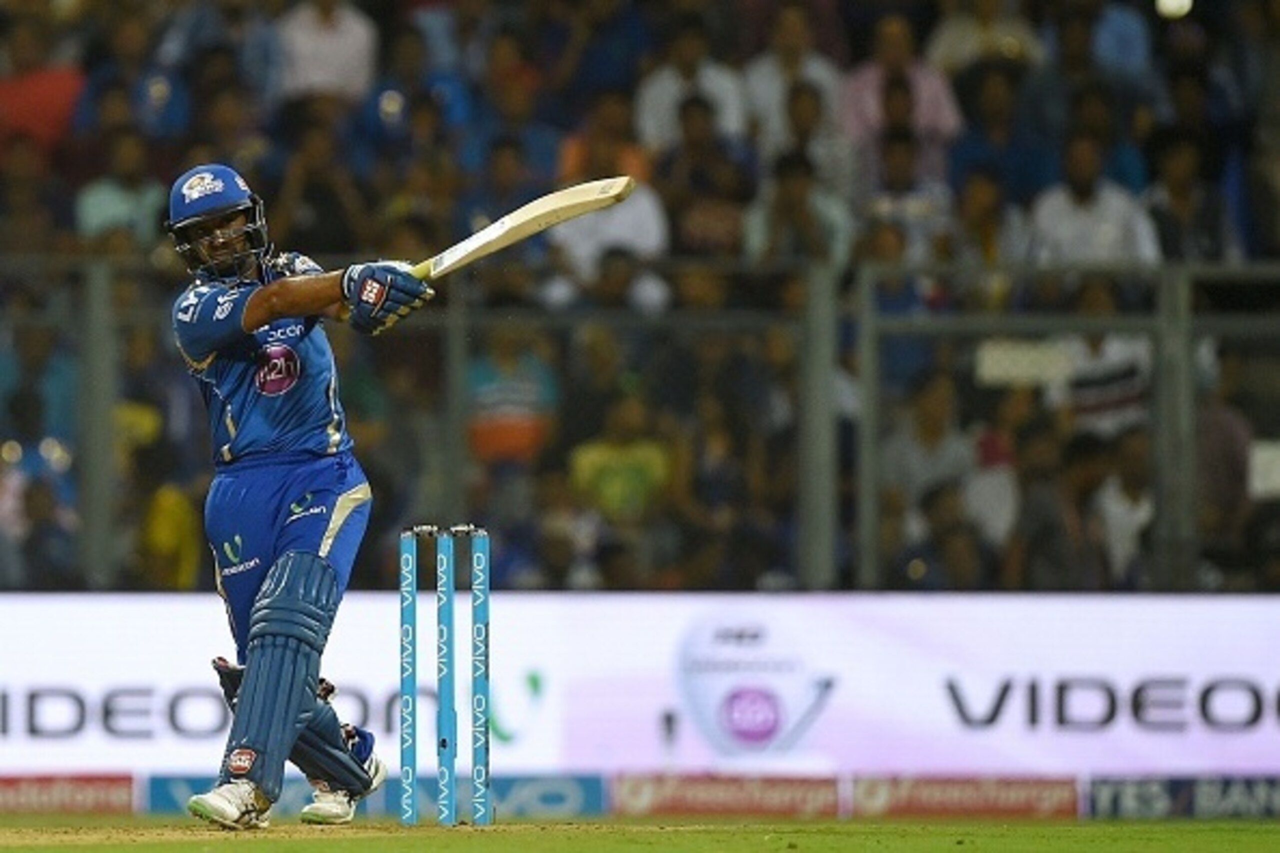 Mumbai Indians' batsman Ambati Rayudu plays a shot during the 2016 Indian Premier League (IPL) Twenty20 cricket match between Mumbai Indians and Kolkata Knight Riders at The Wankhede Cricket Stadium in Mumbai on April 28, 2016.ï¿½ï¿½ï¿½ï¿½ / AFP / PUNIT PARANJPE 