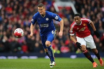 MANCHESTER, ENGLAND - MAY 01:  Robert Huth of Leicester City competes with Anthony Martial of Manchester United during the Barclays Premier League match between Manchester United and Leicester City at Old Trafford on May 1, 2016 in Manchester, United King