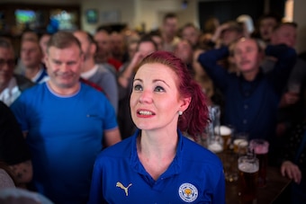 LEICESTER, ENGLAND - MAY 01:  Louise Canham watches Leicester City play  against Manchester United in The Market Tavern on May 1st, 2016 in Leicester, England. Leicester City can win the Premier League title today if they beat Manchester United away at Ol