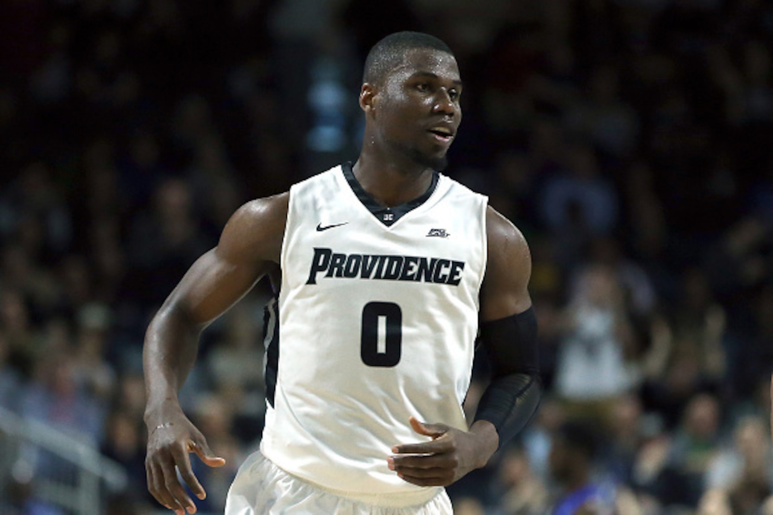 PROVIDENCE, RI - MARCH 2:  Ben Bentil #0 of the Providence Friars reacts after a basket against the Creighton Bluejays in the first half on March 2, 2016, at the Dunkin' Donuts Center in Providence, Rhode Island. (Photo by Jim Rogash/Getty Images)