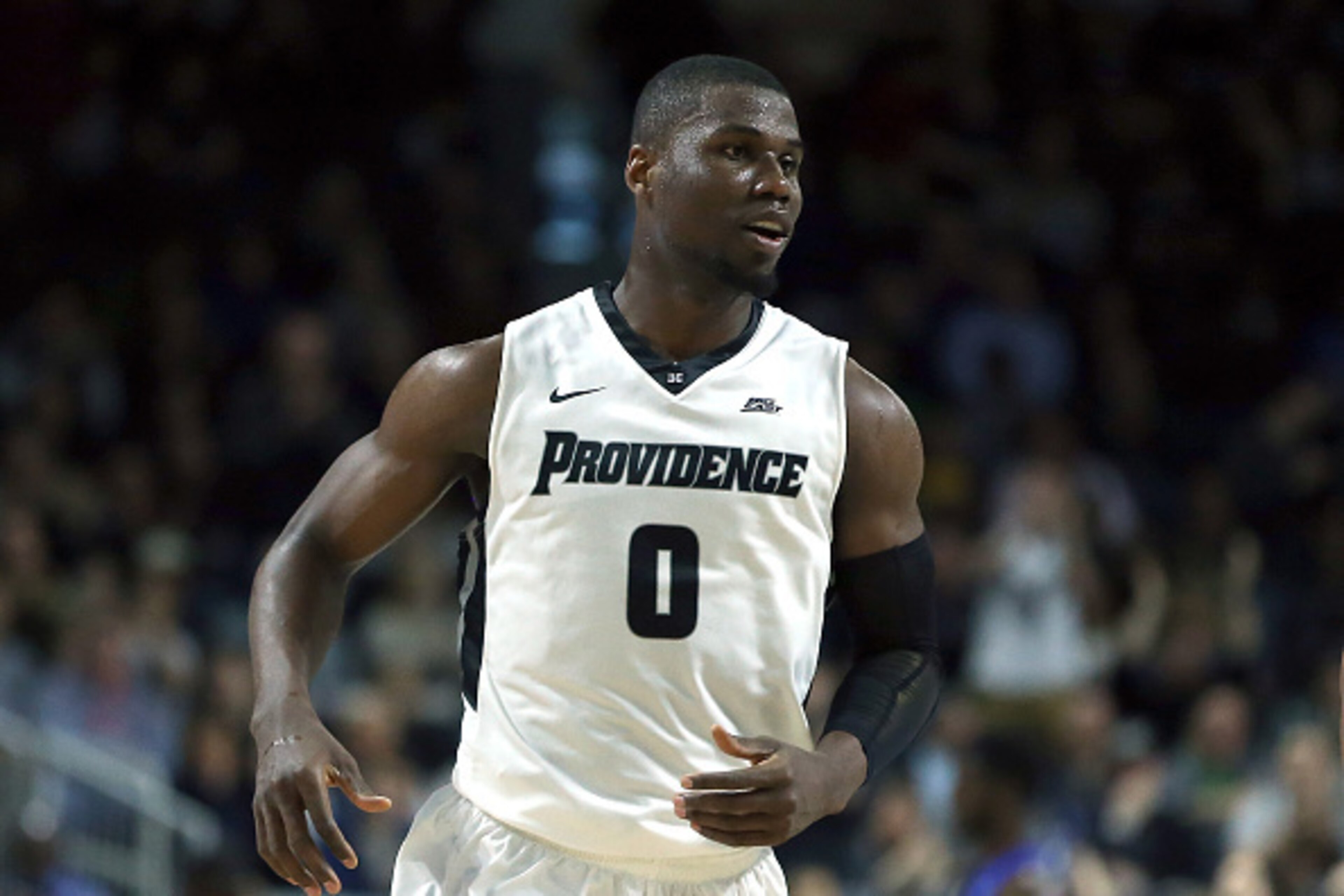 PROVIDENCE, RI - MARCH 2:  Ben Bentil #0 of the Providence Friars reacts after a basket against the Creighton Bluejays in the first half on March 2, 2016, at the Dunkin' Donuts Center in Providence, Rhode Island. (Photo by Jim Rogash/Getty Images)