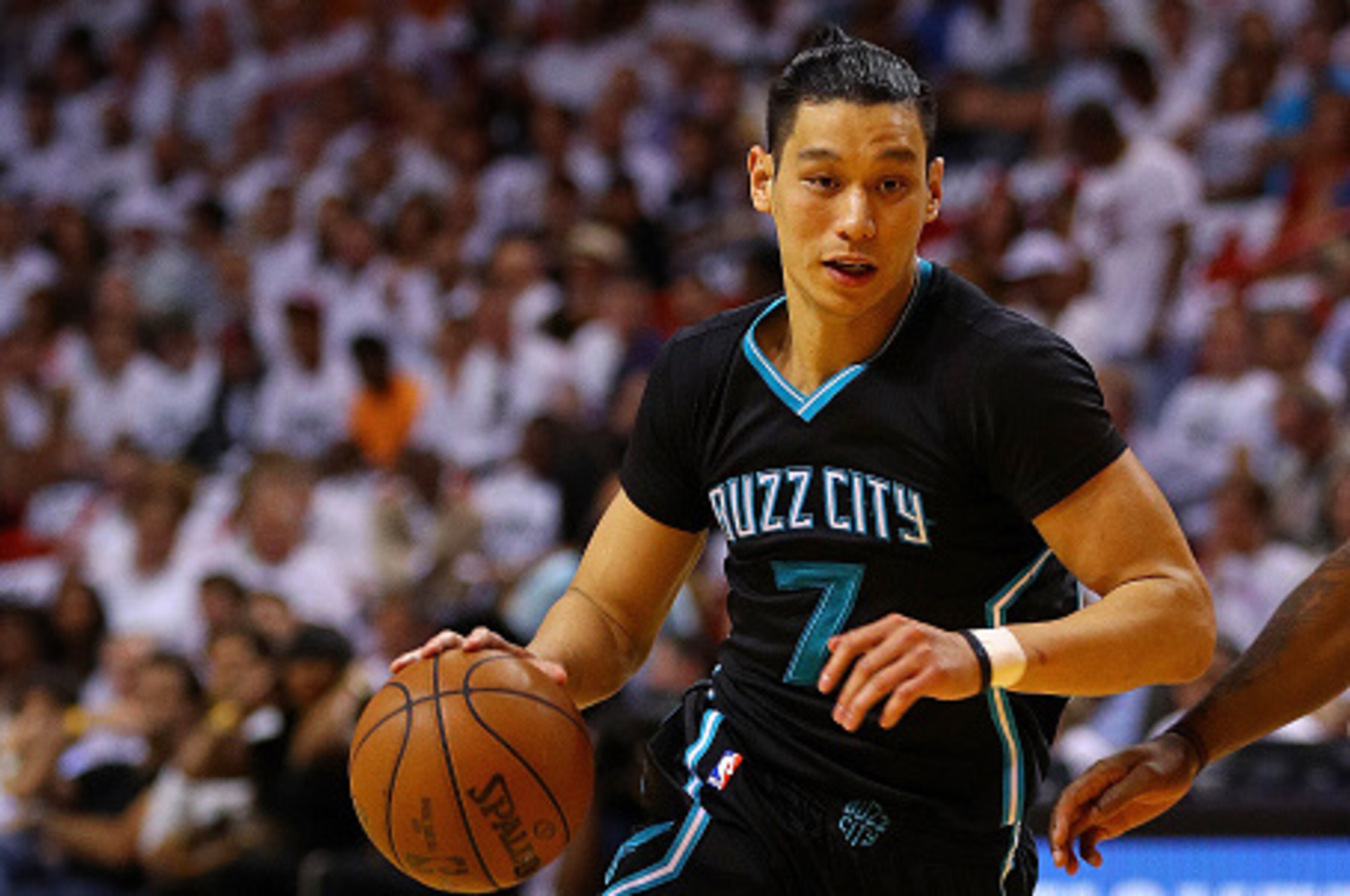 MIAMI, FL - APRIL 27: Jeremy Lin #7  of the Charlotte Hornets drives to the basket during Game 5 of the Eastern Conference Quarterfinals of the 2016 NBA Playoffs against the Miami Heat at American Airlines Arena on April 27, 2016 in Miami, Florida. NOTE T