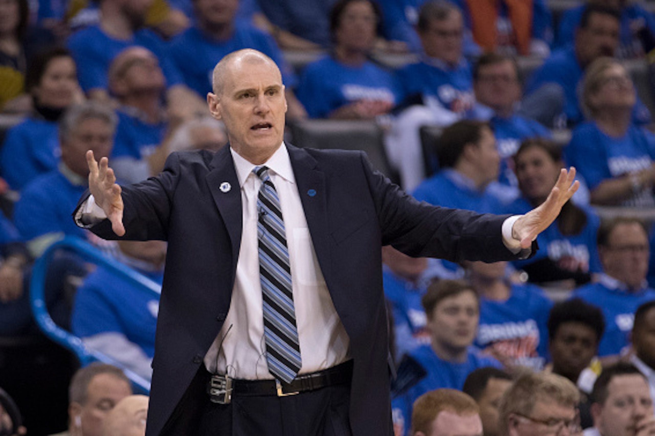 OKLAHOMA CITY, OK - APRIL 16: Rick Carlisle of the Dallas Mavericks calls instructions to his team as they play the Oklahoma City Thunder during the second half of Game One of the Western Conference Quarterfinals during the 2016 NBA Playoffs at the Chesap