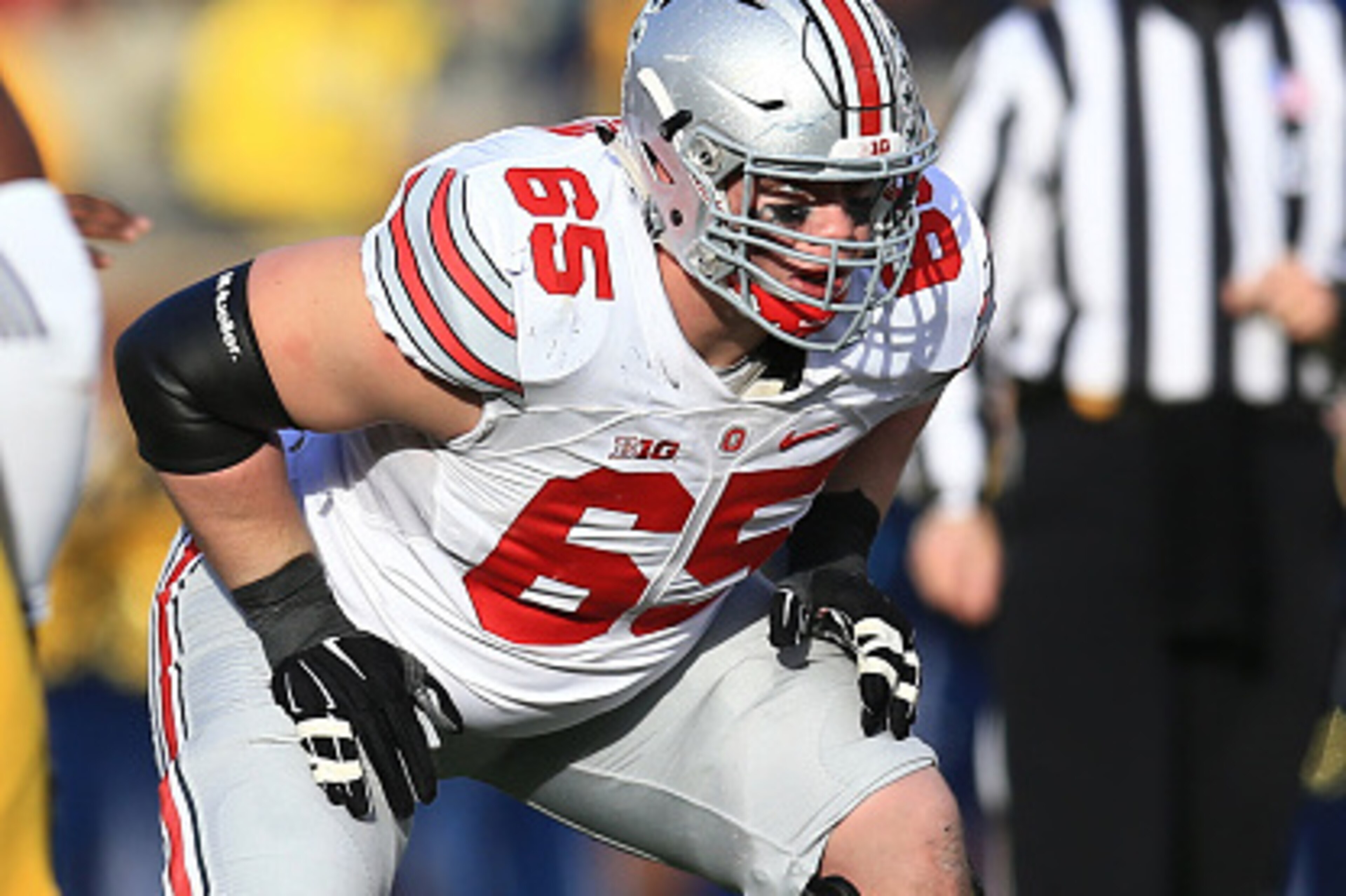ANN ARBOR, MI - NOVEMBER 28: Offensive lineman Pat Elflein #65 of the Ohio State Buckeyes during the game against the Michigan Wolverines at Michigan Stadium on November 28, 2015 in Ann Arbor, Michigan. Ohio State defeated Michigan 42-13. (Photo by Andrew