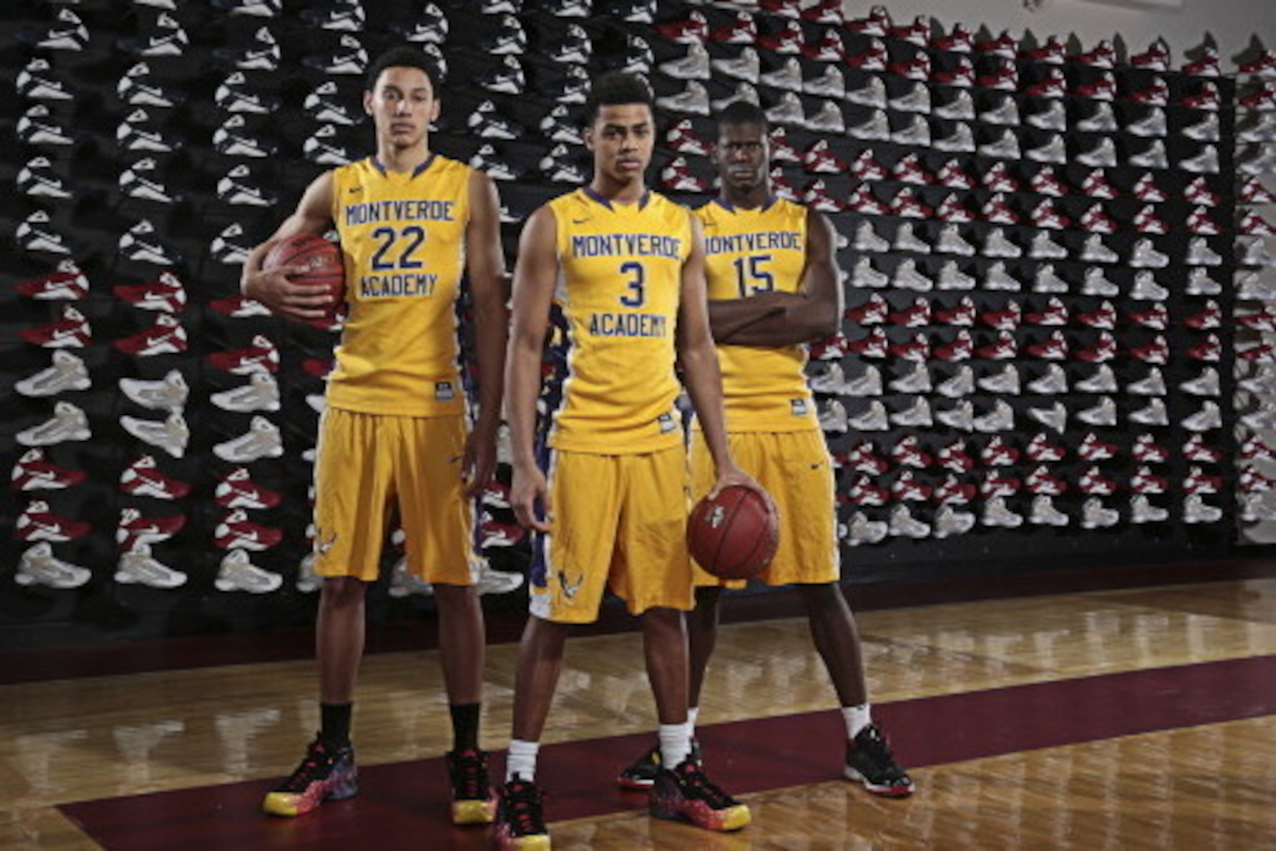 SPRINGFIELD, MA - JANUARY19: The Monteverde Academy varsity basketball players #22 Ben Simmons, #3 D'Angelo Russell and #15 Chris Egi pose for a portrait during the 2014 Spaulding Hoop Hall Classic on December 19, 2014 at the Basketball Hall of Fame in Sp