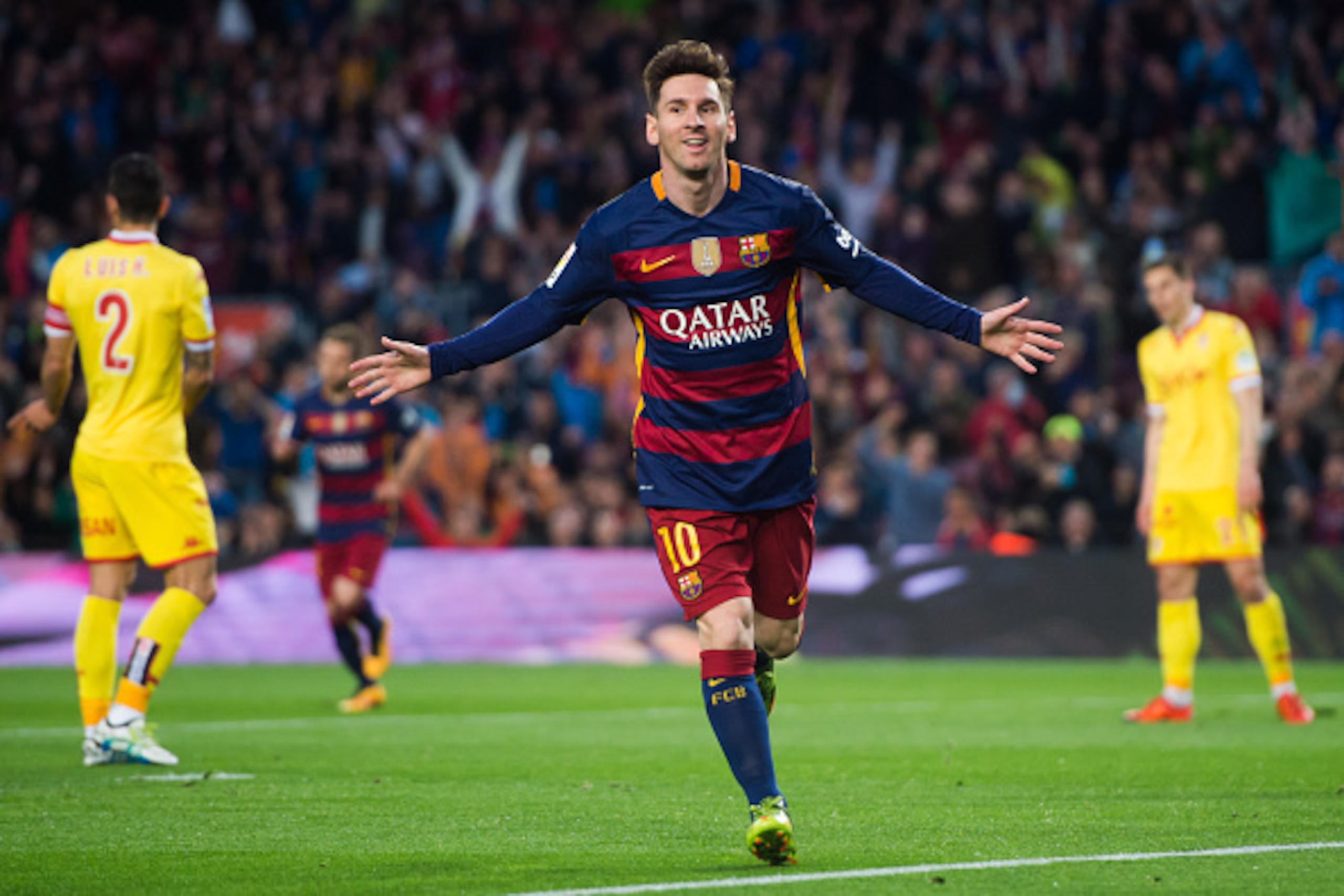 BARCELONA, SPAIN - APRIL 23:  Lionel Messi of FC Barcelona celebrates after scoring the opening goal during the La Liga match between FC Barcelona and Sporting Gijon at Camp Nou on April 23, 2016 in Barcelona, Spain.  (Photo by Alex Caparros/Getty Images)