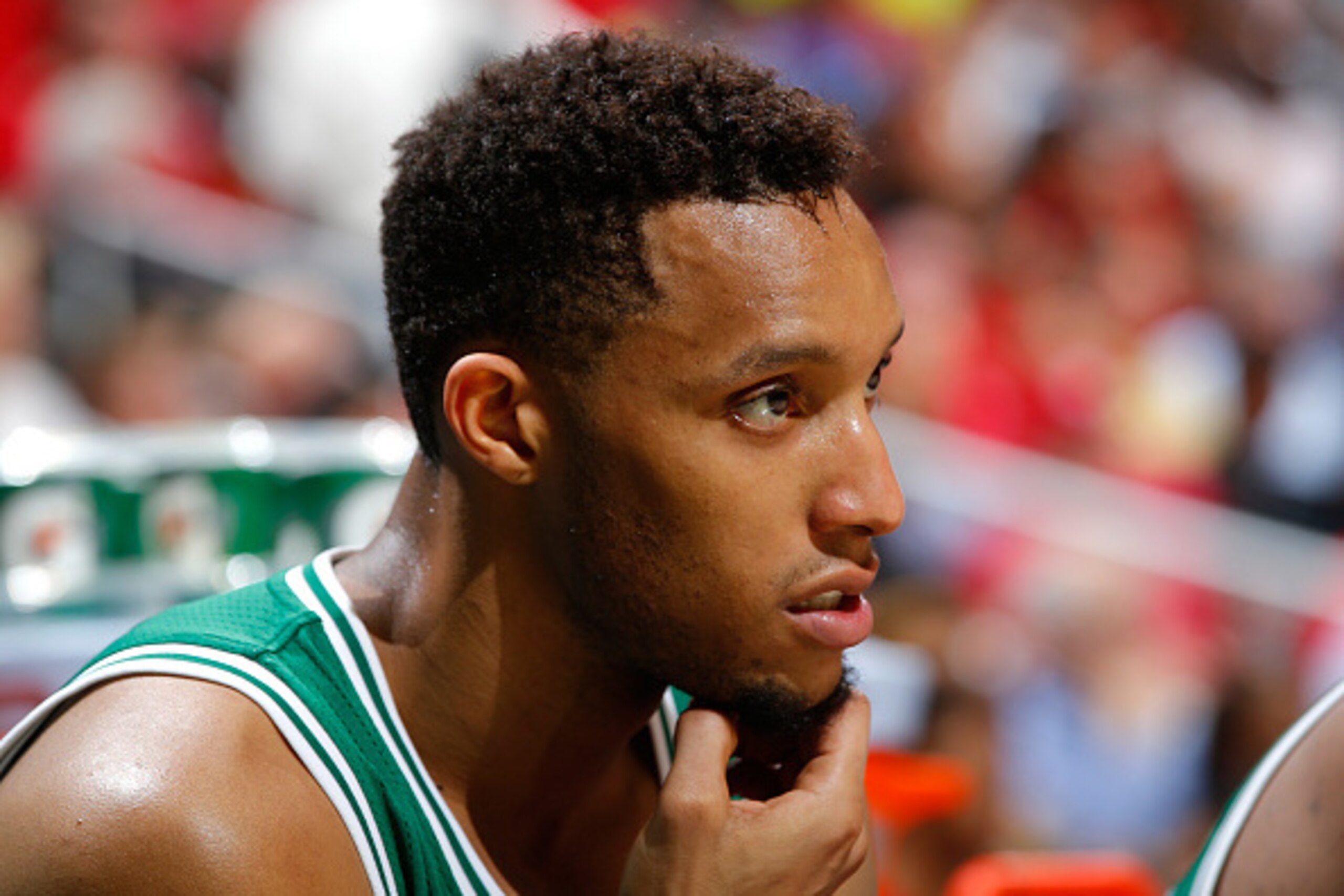 ATLANTA, GA - APRIL 19:  Evan Turner #11 of the Boston Celtics reacts on the bench in the final minutes of their 89-72 loss to the Atlanta Hawks in Game Two of the Eastern Conference Quarterfinals during the 2016 NBA Playoffs at Philips Arena on April 19,