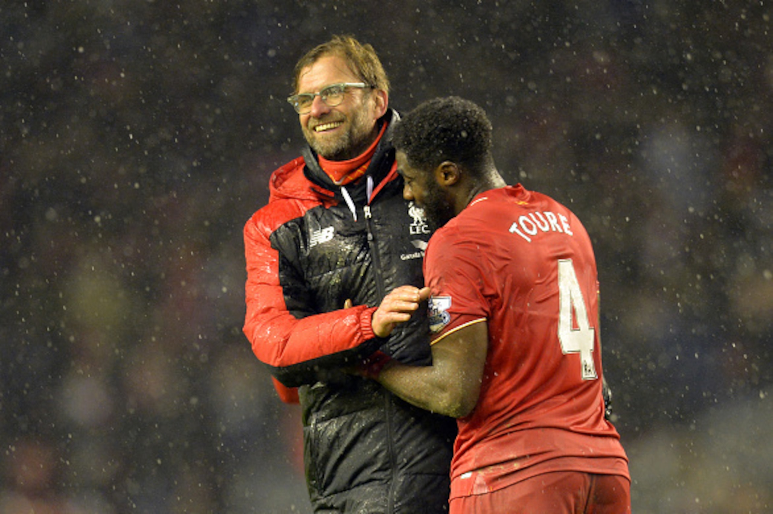 Liverpool's German manager Jurgen Klopp (L) and Liverpool's Ivorian defender Kolo Toure celebrate after winning the English Premier League football match between Liverpool and Arsenal at Anfield stadium in Liverpool, north-west England on January 13, 2016