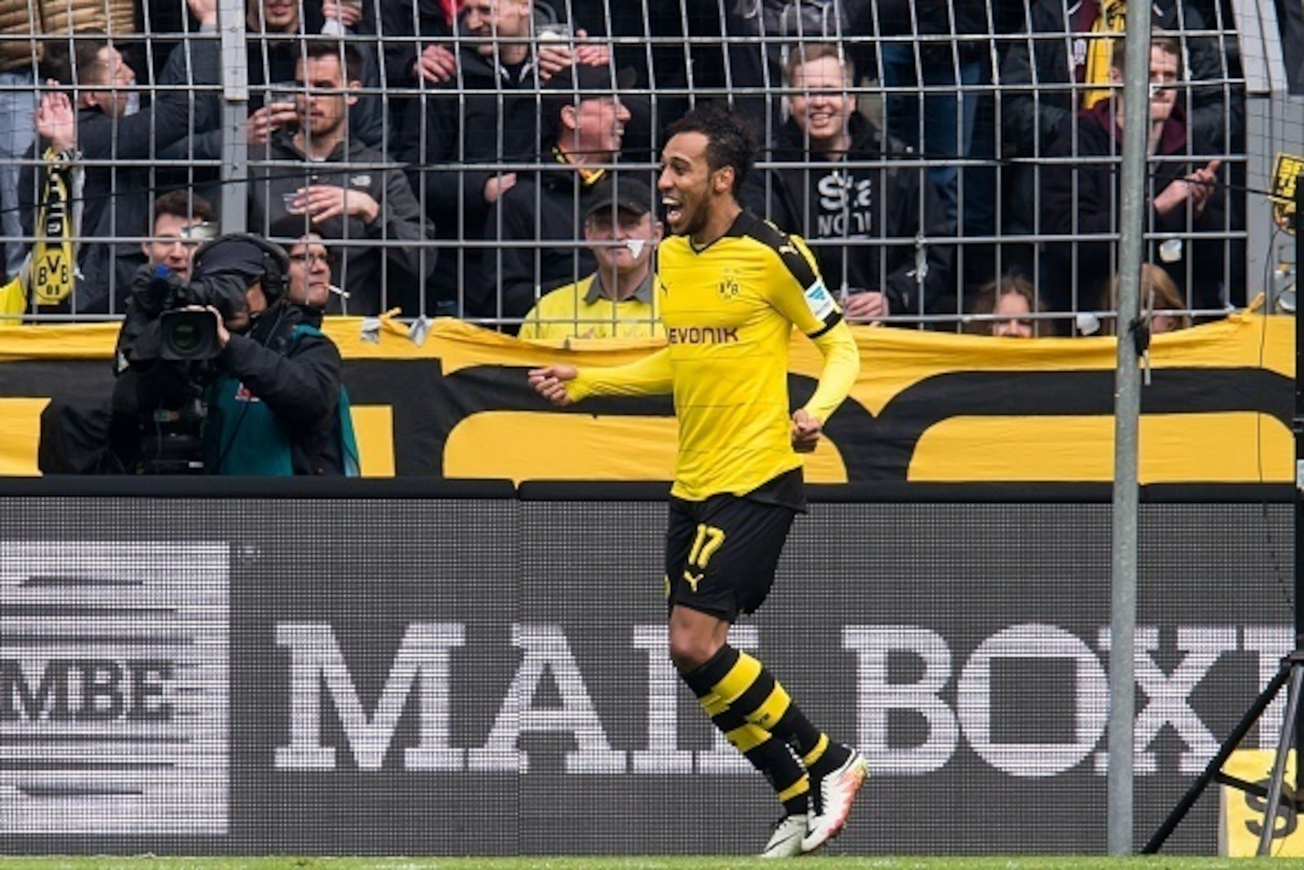 Pierre-Emerick Aubameyang of Borussia Dortmund during the Bundesliga match between Borussia Dortmund and VfL Wolfsburg on April 30, 2016 at the Signal Idun Park stadium in Dortmund, Germany.(Photo by VI Images via Getty Images)