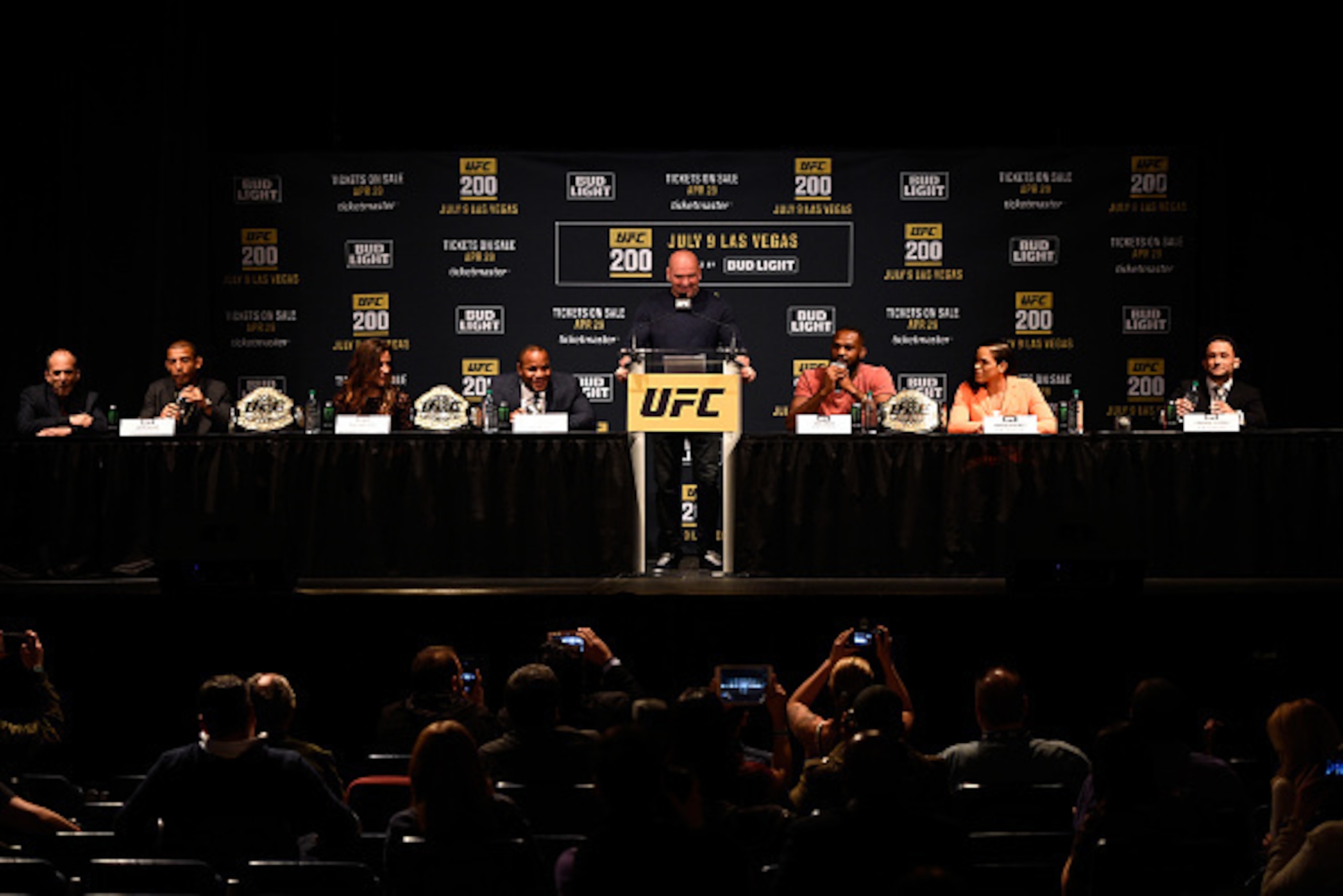 NEW YORK, NY - APRIL 27:  (L-R) Jose Aldo of Brazil, UFC women's bantamweight champion Miesha Tate, UFC light heavyweight champion Daniel Cormier, UFC President Dana White, interim light heavyweight champion Jon Jones, women's bantamweight challenger Aman