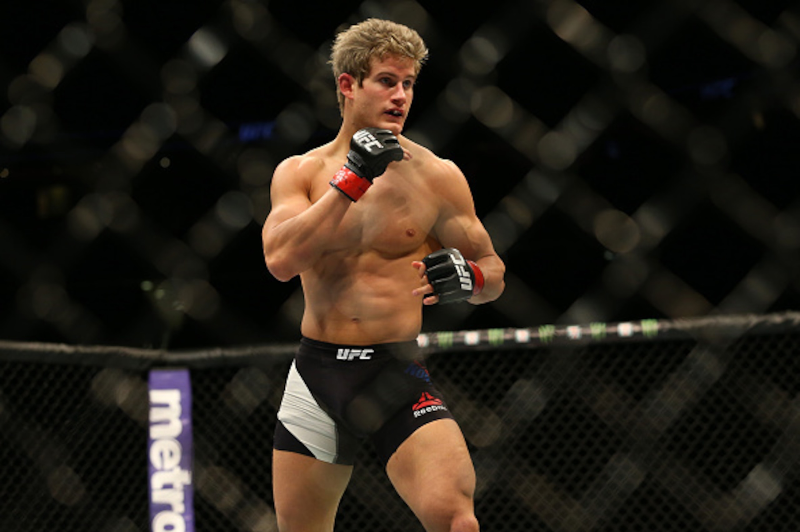 NEWARK, NJ - JANUARY 30:  Sage Northcutt circles Bryan Barberena in their welterweight bout during the UFC Fight Night event at the Prudential Center on January 30, 2016 in Newark, New Jersey. (Photo by Ed Mulholland/Zuffa LLC/Zuffa LLC via Getty Images)