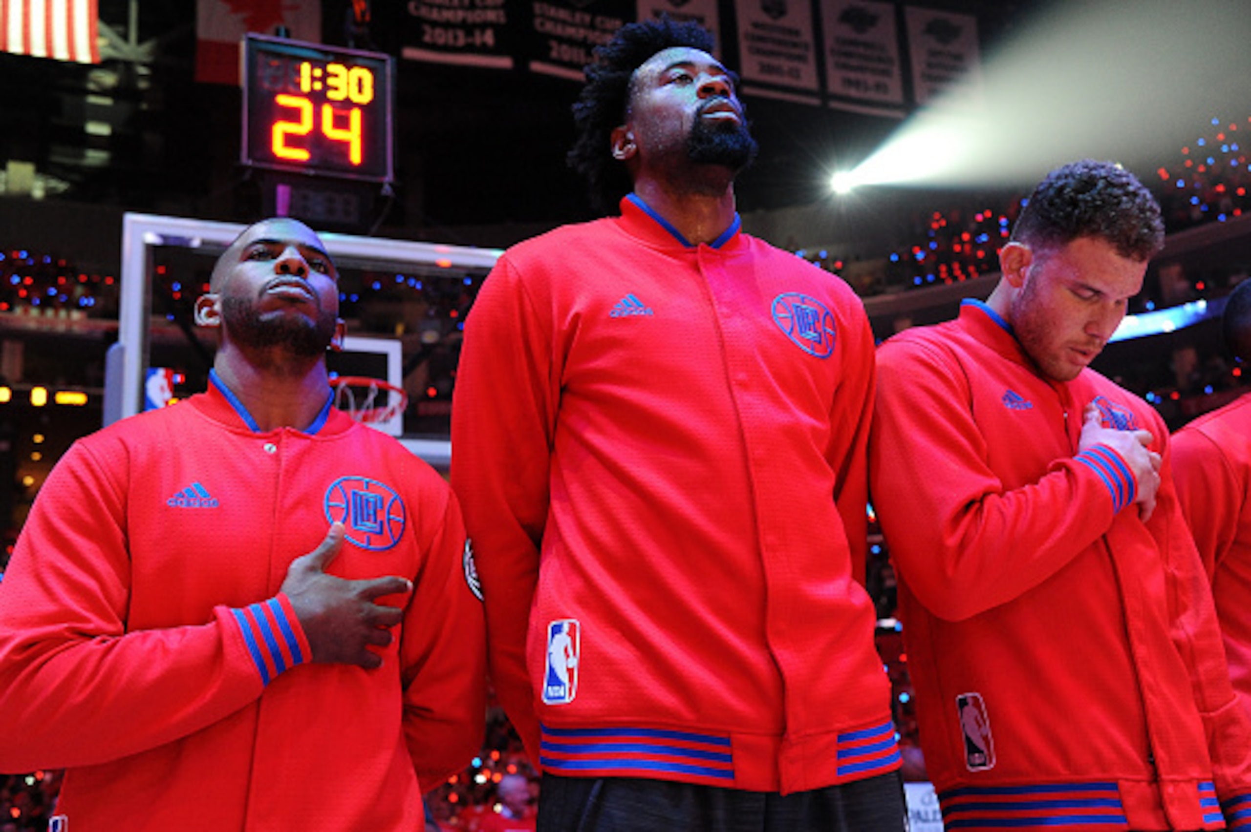 LOS ANGELES, CA - APRIL 20: Chris Paul #3, DeAndre Jordan #6, and Blake Griffin #32 of the Los Angeles Clippers stand for a moment of silence for the National Anthem before the game against the Portland Trail Blazers in Game Two of the Western Conference LOS ANGELES, CA - APRIL 20: Chris Paul #3, DeAndre Jordan #6, and Blake Griffin #32 of the Los Angeles Clippers stand for a moment of silence for the National Anthem before the game against the Portland Trail Blazers in Game Two of the Western Conference