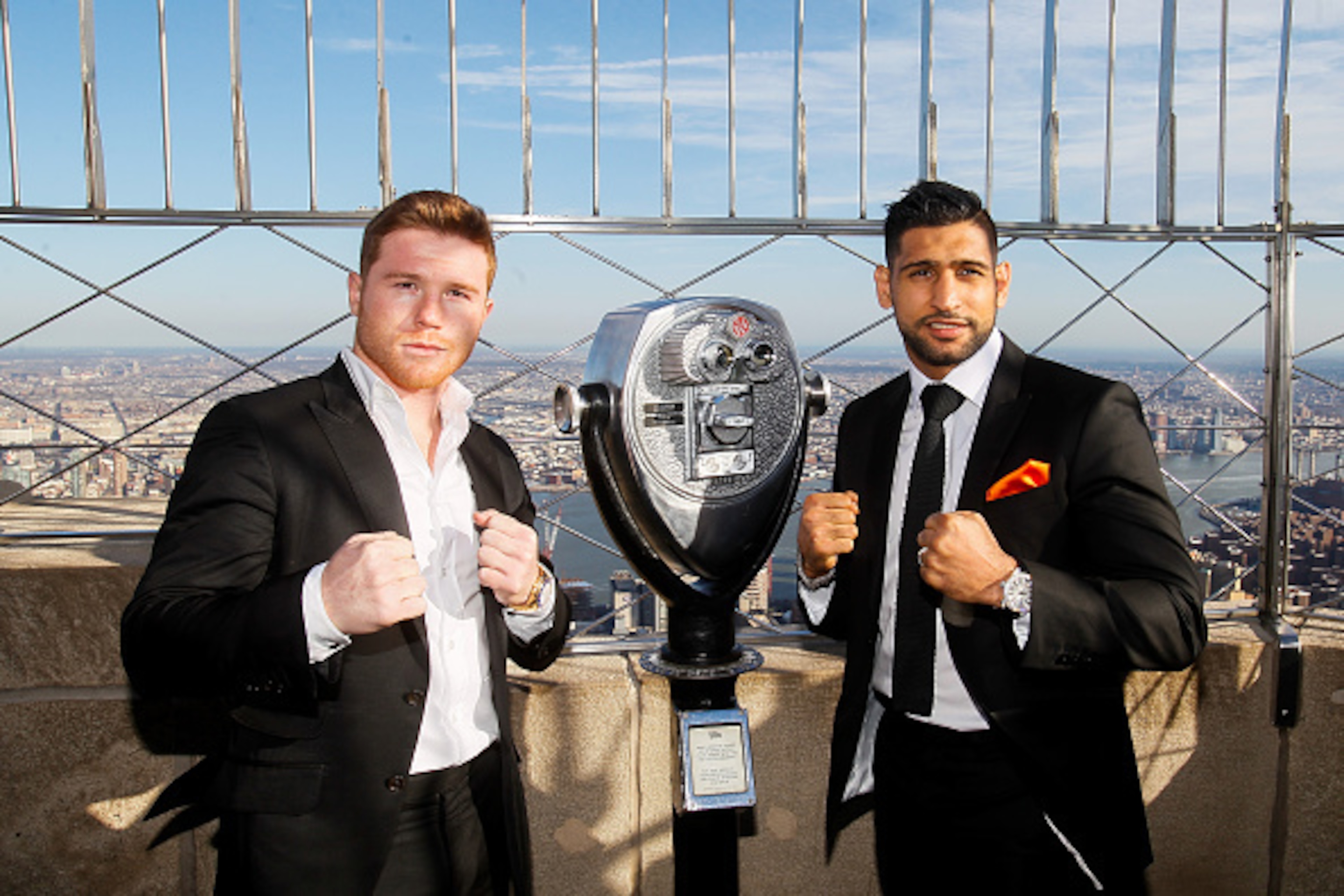 NEW YORK, NY - MARCH 01:  Canelo Alvarez and Amir Khan pose for photos during a press event at the Empire State Building on March 1, 2016 in New York City.  (Photo by Alex Goodlett/Getty Images)