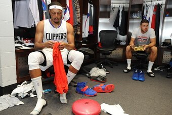 LOS ANGELES, CA - APRIL 17:  Paul Pierce #34 of the Los Angeles Clippers and Blake Griffin #32 of the Los Angeles Clippers prepare for Game One of the Western Conference Quarterfinals against the Portland Trail Blazers during the 2016 NBA Playoffs on Apri
