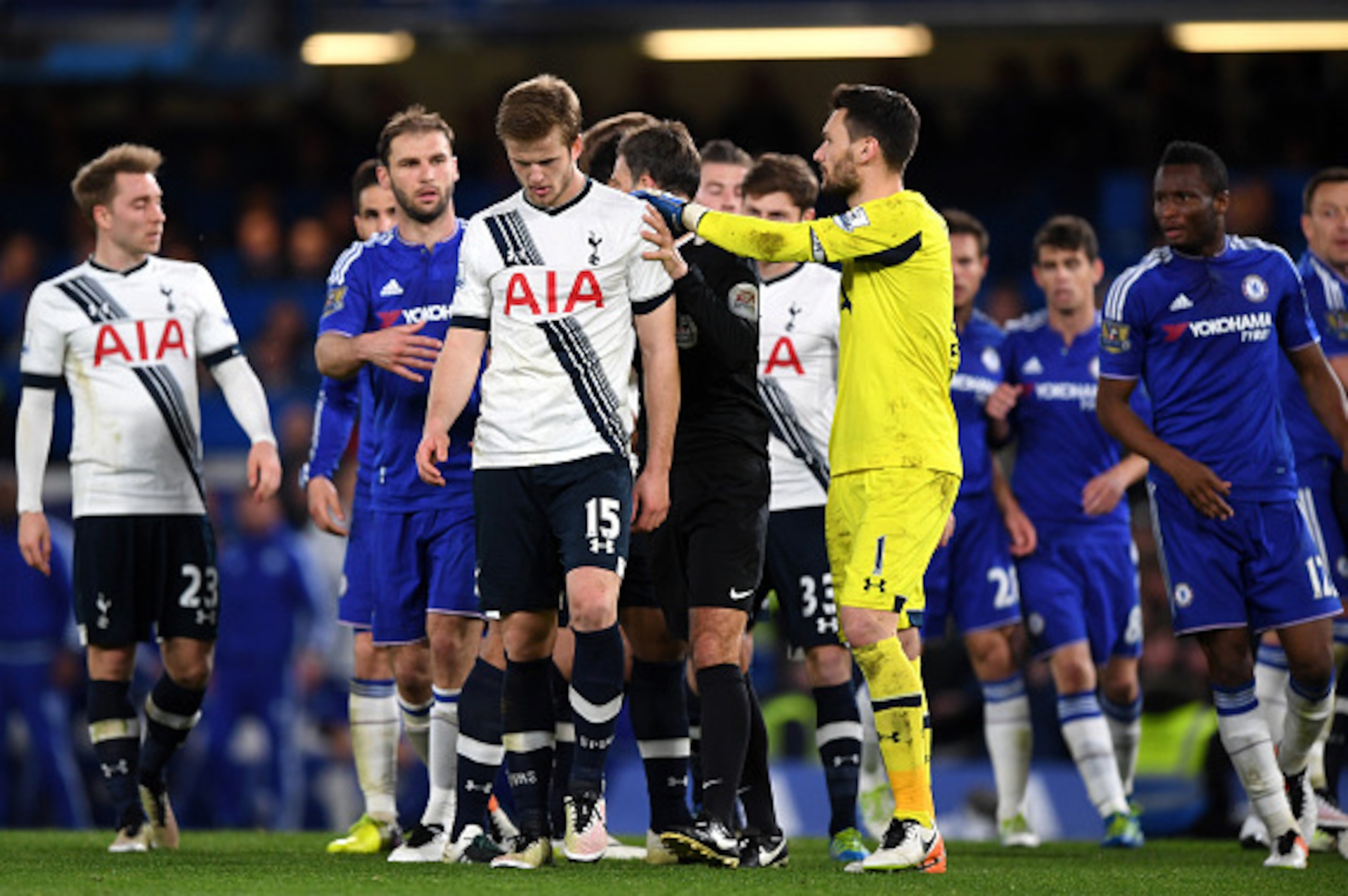 LONDON, ENGLAND - MAY 02: A scuffle breaks out after Eric Dier of Tottenham Hotspur brings down Eden Hazard of Chelsea during the Barclays Premier League match between Chelsea and Tottenham Hotspur at Stamford Bridge on May 02, 2016 in London, England.jd LONDON, ENGLAND - MAY 02: A scuffle breaks out after Eric Dier of Tottenham Hotspur brings down Eden Hazard of Chelsea during the Barclays Premier League match between Chelsea and Tottenham Hotspur at Stamford Bridge on May 02, 2016 in London, England.jd