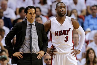 MIAMI, FL - MAY 01:  Head coach Erik Spoelstra and Dwyane Wade #3 of the Miami Heat look on during Game Seven of the Eastern Conference Quarterfinals of the 2016 NBA Playoffs against the Charlotte Hornets at American Airlines Arena on May 1, 2016 in Miami