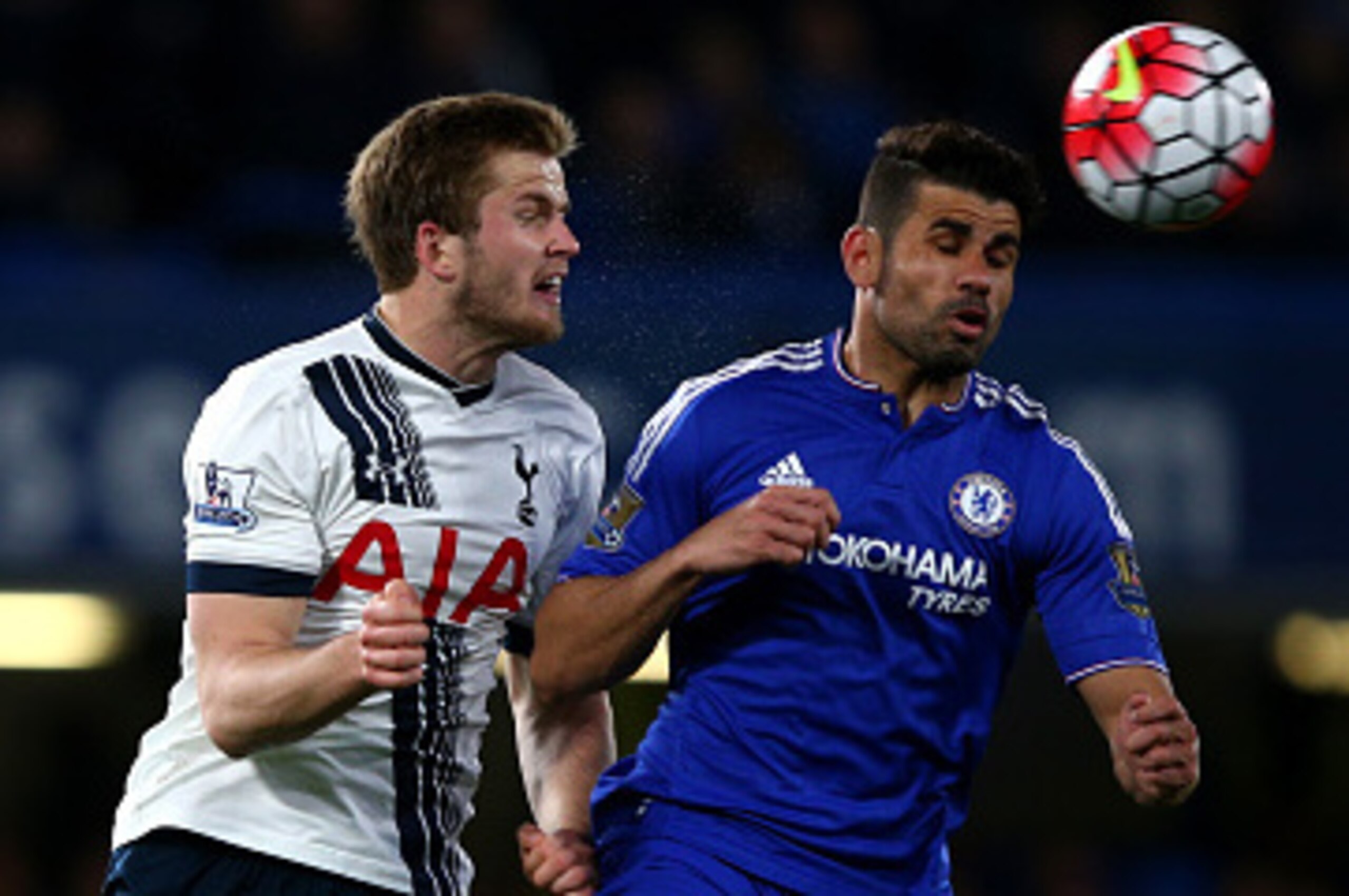 LONDON, ENGLAND - MAY 02: Eric Dier of Tottenham Hotspur and Diego Costa of Chelsea compete for a header during the Barclays Premier League match between Chelsea and Tottenham Hotspur at Stamford Bridge on May 02, 2016 in London, England. (Photo by Ian LONDON, ENGLAND - MAY 02: Eric Dier of Tottenham Hotspur and Diego Costa of Chelsea compete for a header during the Barclays Premier League match between Chelsea and Tottenham Hotspur at Stamford Bridge on May 02, 2016 in London, England. (Photo by Ian