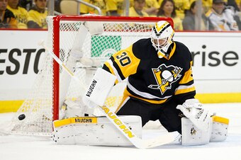 PITTSBURGH, PA - MAY 02:  Matt Murray #30 of the Pittsburgh Penguins makes a save against the Washington Capitals in Game Three of the Eastern Conference Second Round during the 2016 NHL Stanley Cup Playoffs at Consol Energy Center on May 2, 2016 in Pitts