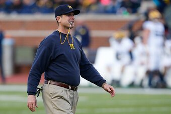 ANN ARBOR, MI - APRIL 01: Head coach Jim Harbaugh looks on during the Michigan Football Spring Game on April 1, 2016 at Michigan Stadium in Ann Arbor, Michigan.  (Photo by Gregory Shamus/Getty Images)