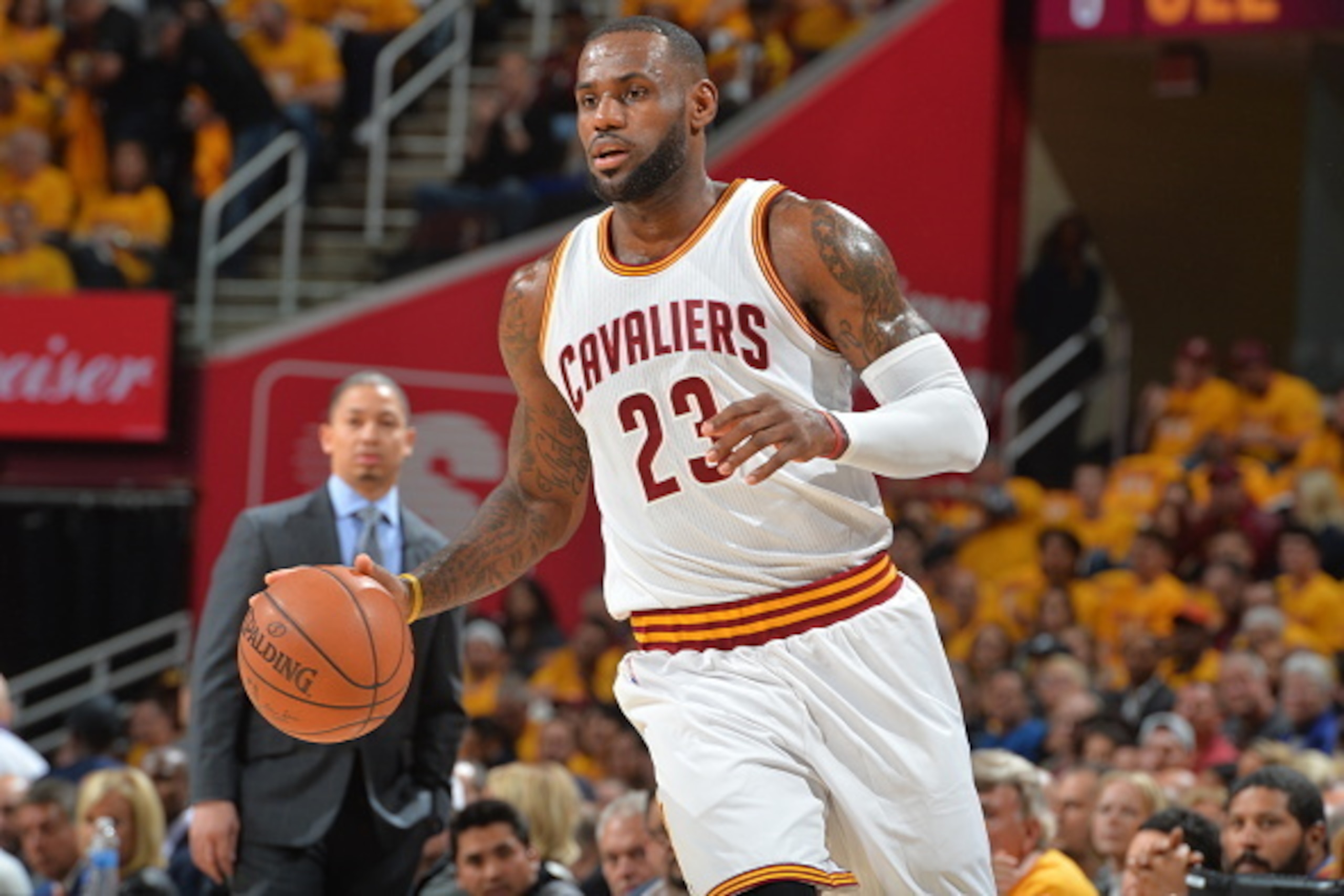 CLEVELAND,OH :  LeBron James #23 of the Cleveland Cavilers dribbles up court against the Atlanta Hawks during the Eastern Conference Semifinals Game One on May 2, 2016 at The Quicken Loans Arena in Cleveland, Ohio. NOTE TO USER: User expressly acknowledge