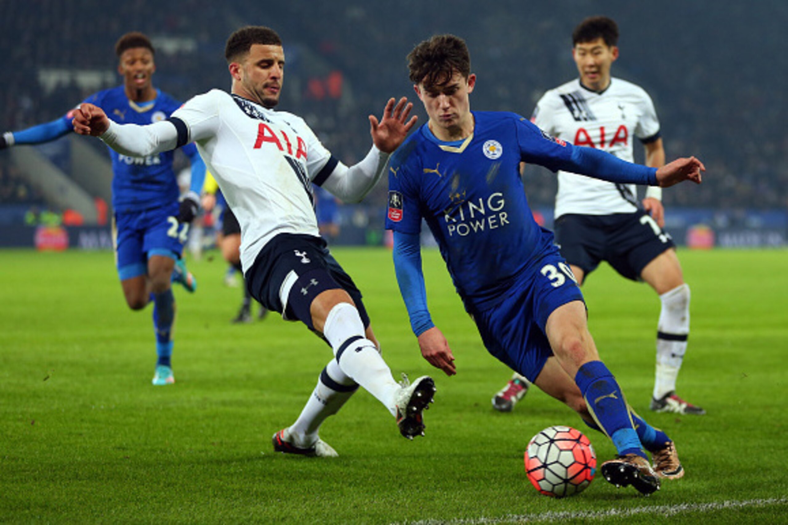 LEICESTER, ENGLAND - JANUARY 20 : Kyle Walker of Tottenham Hotspur and Ben Chilwell of Leicester City during the Emirates FA Cup match between Leicester City and Tottenham Hotspur at King Power Stadium on January 20, 2016 in Leicester, England. (Photo b LEICESTER, ENGLAND - JANUARY 20 : Kyle Walker of Tottenham Hotspur and Ben Chilwell of Leicester City during the Emirates FA Cup match between Leicester City and Tottenham Hotspur at King Power Stadium on January 20, 2016 in Leicester, England. (Photo b