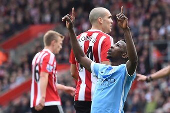 Manchester City's Nigerian striker Kelechi Iheanacho celebrates after scoring their second goal during the English Premier League football match between Southampton and Manchester City at St Mary's Stadium in Southampton, southern England on May 1, 2016. 