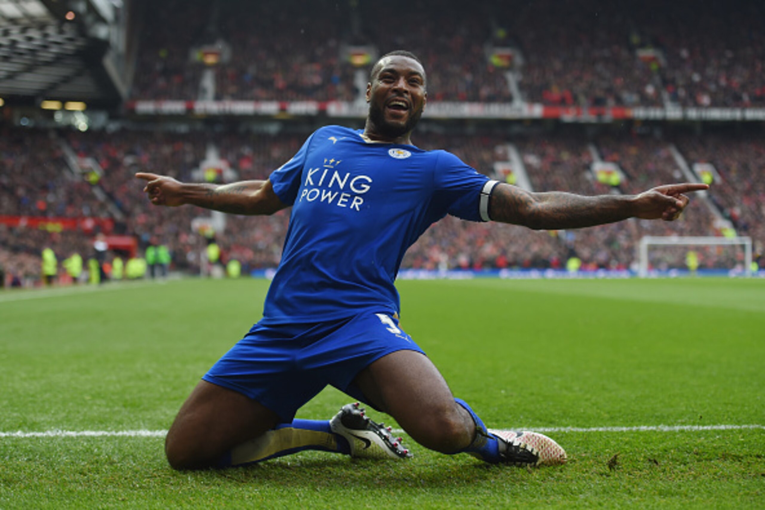 MANCHESTER, ENGLAND - MAY 01:  Wes Morgan of Leicester City celebrates scoring his team's opening goal during the Barclays Premier League match between Manchester United and Leicester City at Old Trafford on May 1, 2016 in Manchester, England.  (Photo by 
