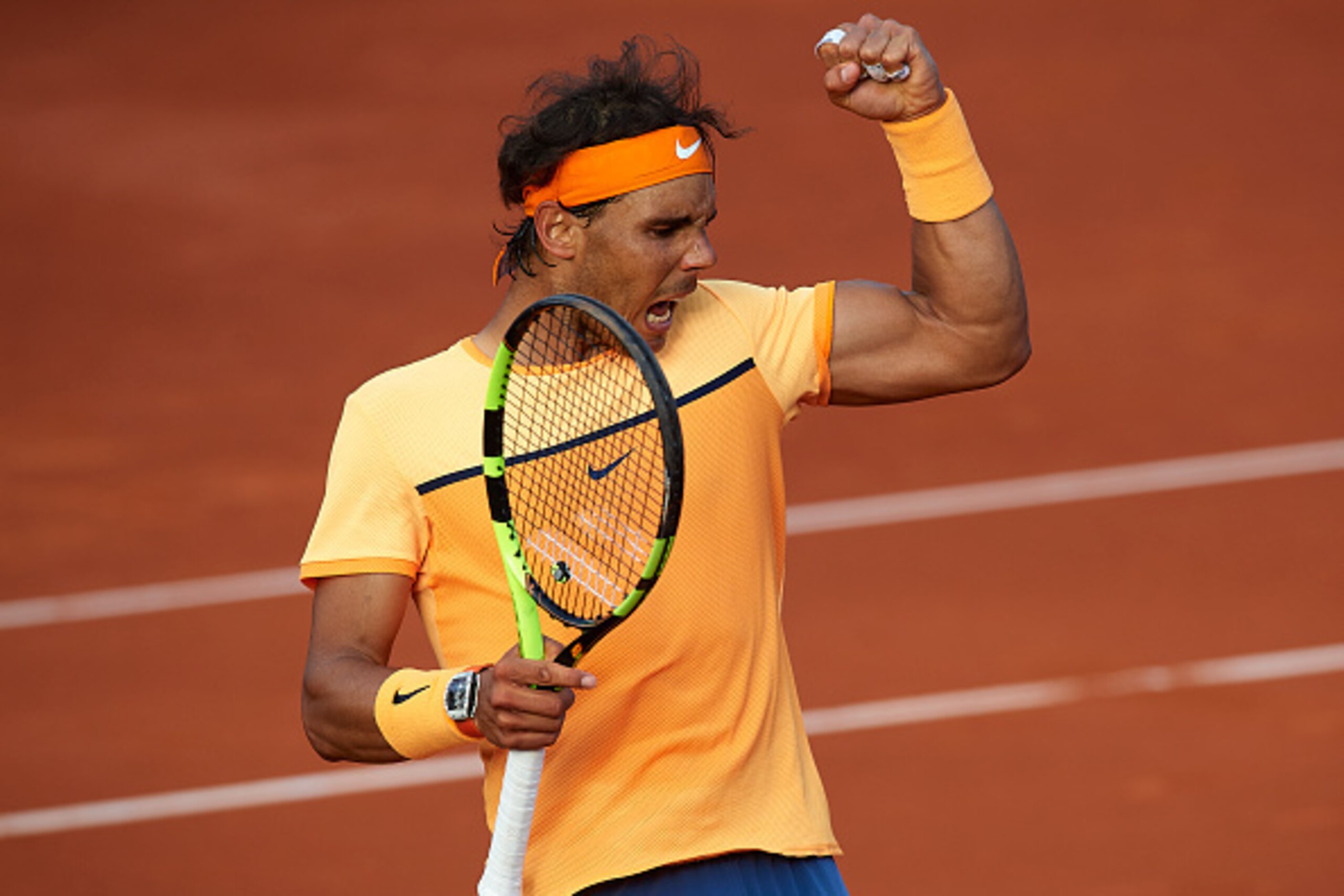 BARCELONA, SPAIN - APRIL 24:  Rafael Nadal of Spain celebrates a point against Kei Nishikori of Japan during day seven of the Barcelona Open Banc Sabadell at the Real Club de Tenis Barcelona on April 24, 2016 in Barcelona, Spain.  (Photo by Manuel Queimad
