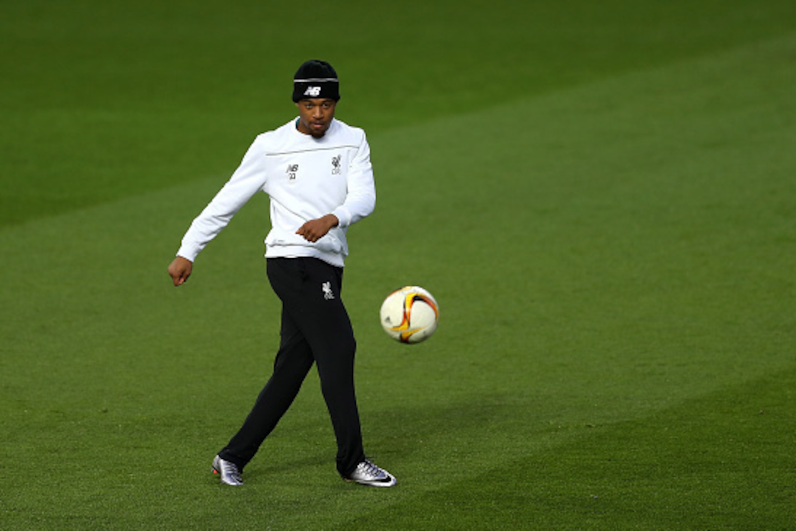 MANCHESTER, ENGLAND - MARCH 16:  Jordon Ibe of Liverpool makes a pass during a training session ahead of the UEFA Europa League round of 16 second leg match between Manchester United and Liverpool at Old Trafford on March 16, 2016 in Manchester, England. 