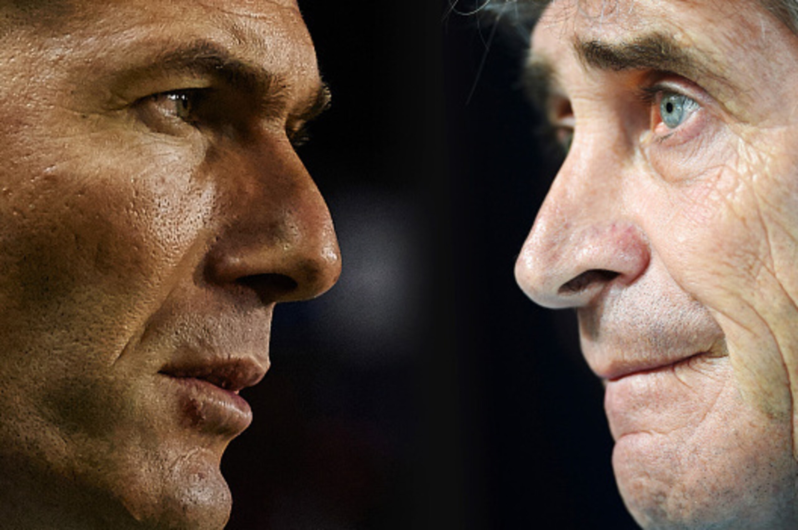 FILE PHOTO - Image Numbers 513361496 (L) and 500290736 - EDITORS NOTE: A gradient has been added) In this composite image a comparison has been made between Head coach Zinedine Zidane of Real Madrid CF (L) and Manuel Pellegrini, manager of Manchester City