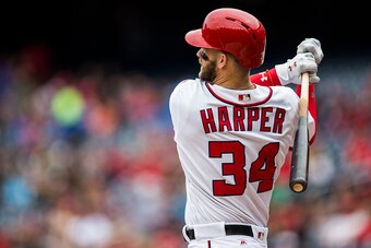 WASHINGTON, DC - APRIL 23:  Bryce Harper #34 of the Washington Nationals bats during the game against the Minnesota Twins at Nationals Park on April 23, 2016 in Washington, DC. (Photo by Rob Tringali/SportsChrome/Getty Images)