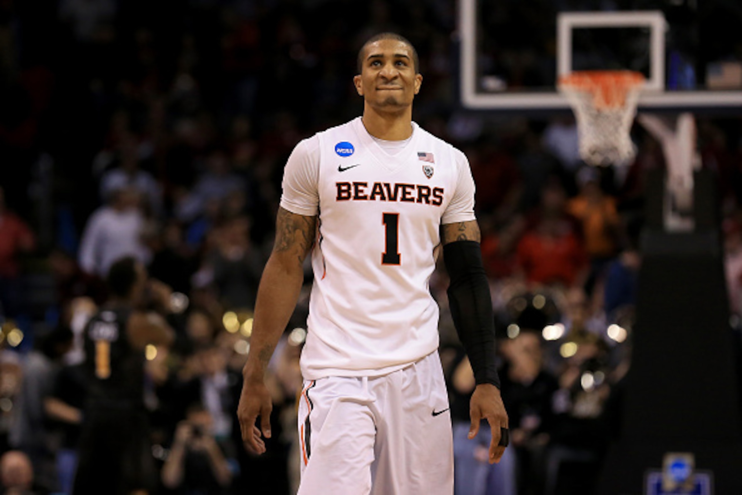 OKLAHOMA CITY, OKLAHOMA - MARCH 18:  Gary Payton II #1 of the Oregon State Beavers reacts after losing 75-67 to the Virginia Commonwealth Rams in the first round of the 2016 NCAA Men's Basketball Tournament at Chesapeake Energy Arena on March 18, 2016 in 