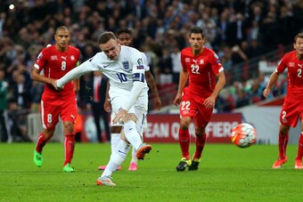LONDON, ENGLAND - SEPTEMBER 08:  Wayne Rooney of England scores a penalty goal to make it 2-0 and become England's top goalscorer during the UEFA Euro 2016 Qualifier Group E match between England and Switzerland at Wembley Stadium on September 8, 2015 in 