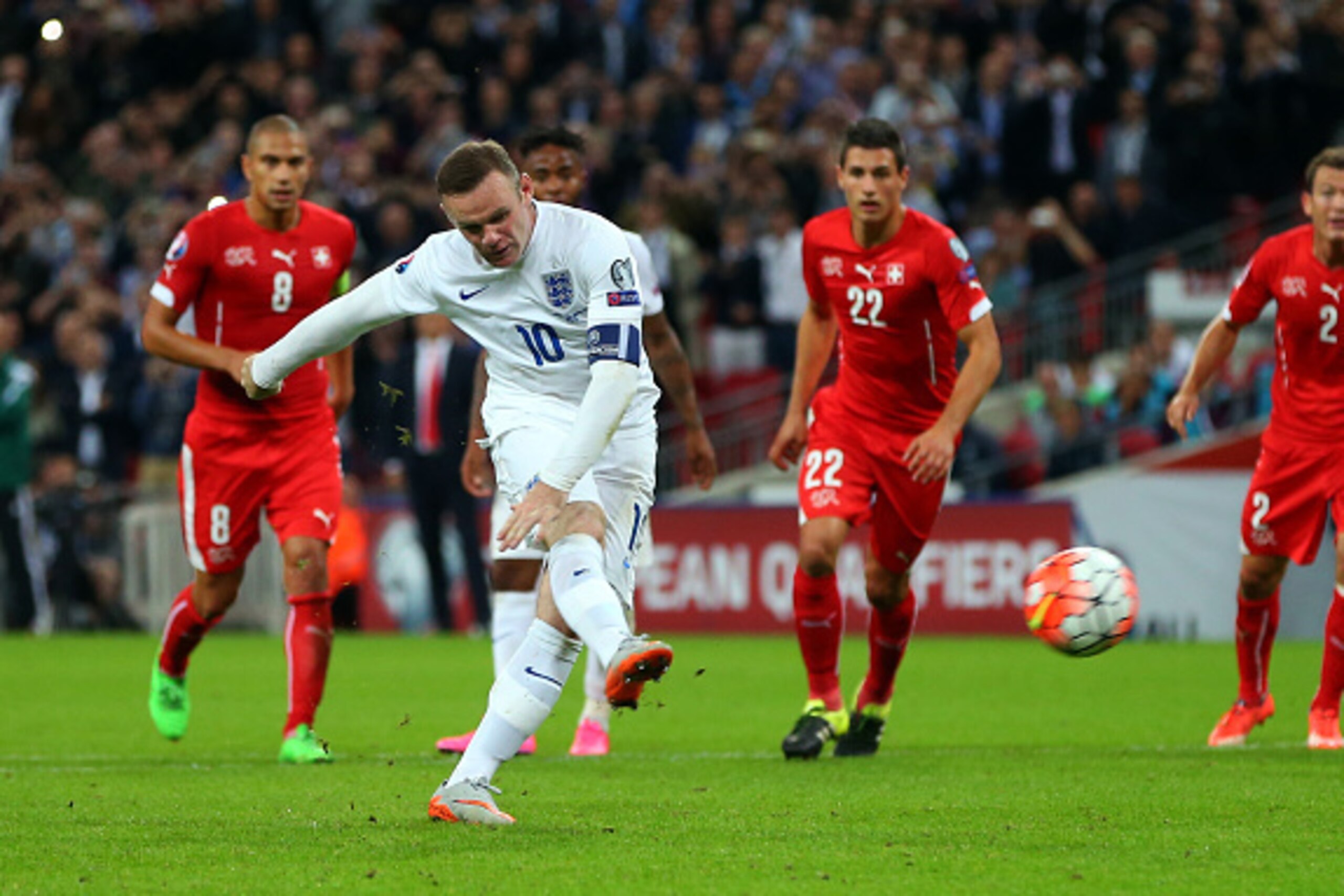 LONDON, ENGLAND - SEPTEMBER 08:  Wayne Rooney of England scores a penalty goal to make it 2-0 and become England's top goalscorer during the UEFA Euro 2016 Qualifier Group E match between England and Switzerland at Wembley Stadium on September 8, 2015 in 