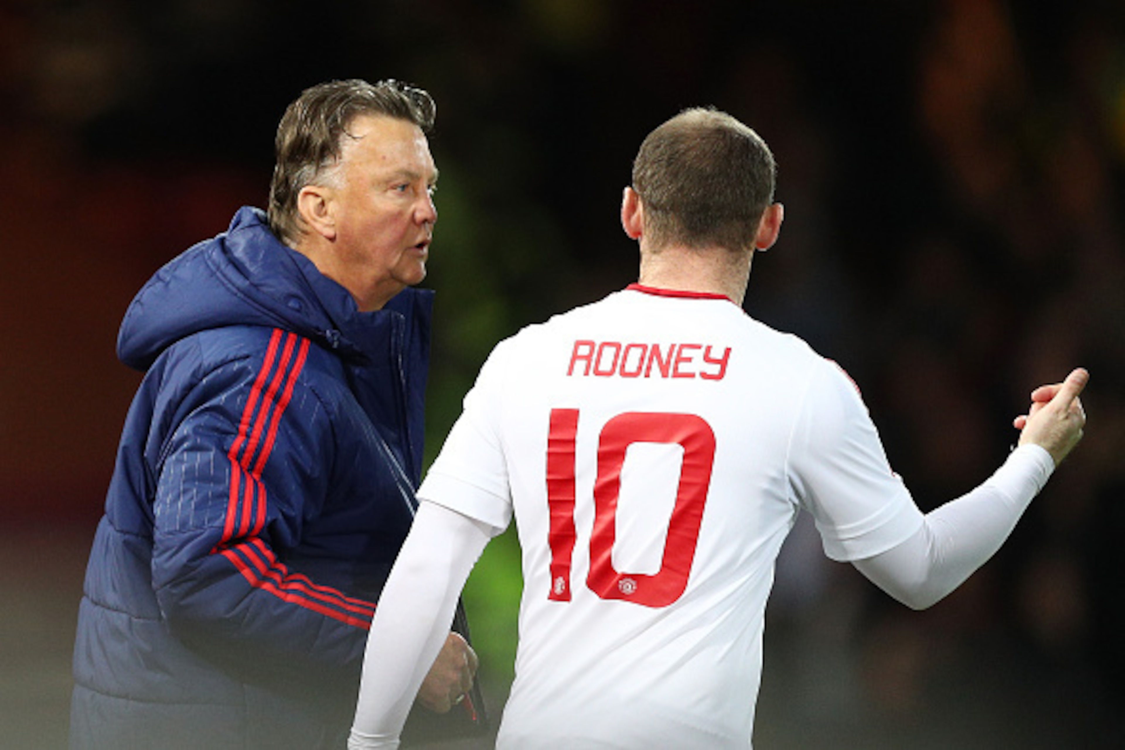 LONDON, ENGLAND - APRIL 13:  Wayne Rooney of Manchester United talks to Louis van Gaal, manager of Manchester United during The Emirates FA Cup, sixth round replay between West Ham United and Manchester United at the Boleyn Ground on April 13, 2016 in Lon