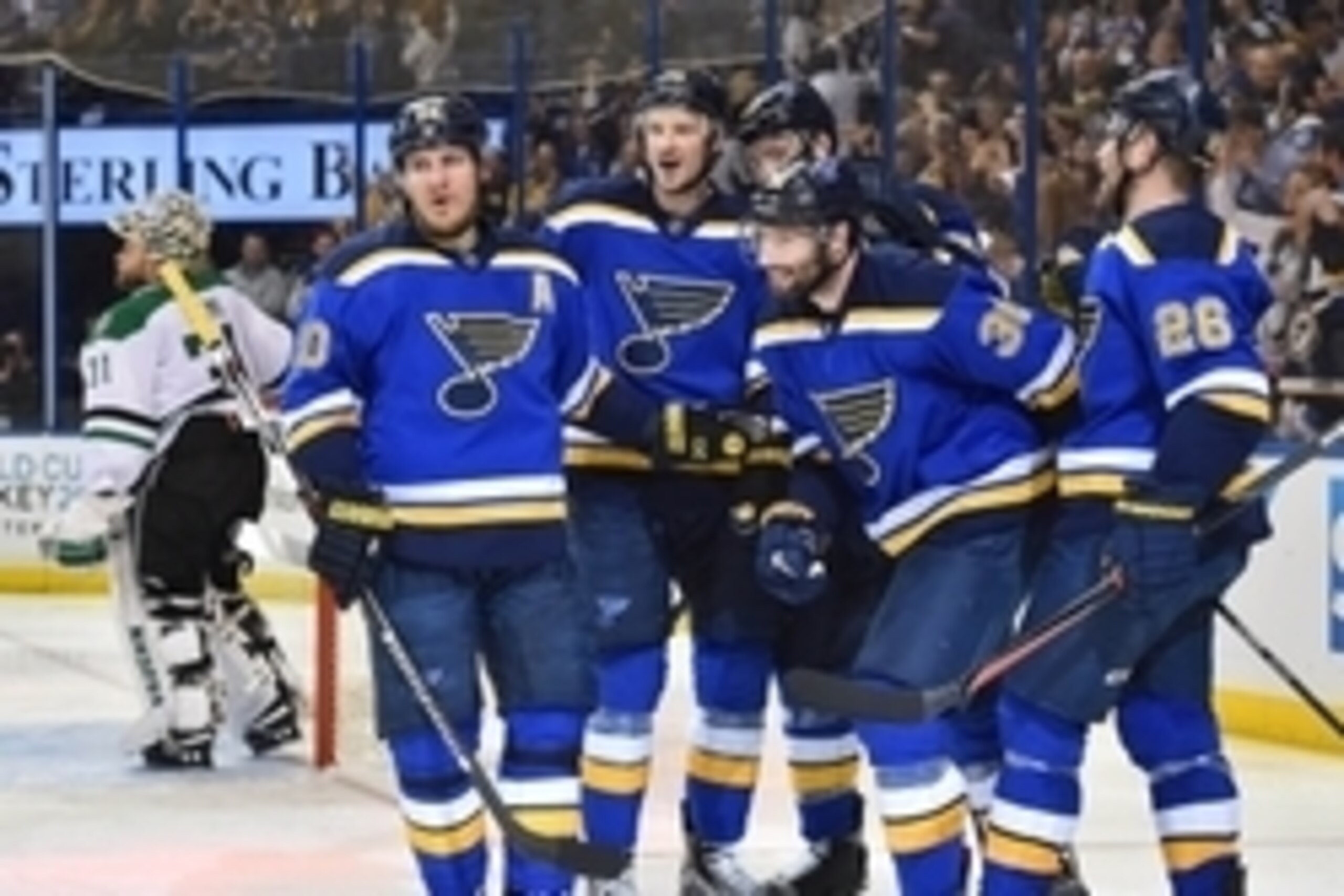 May 3, 2016; St. Louis, MO, USA; St. Louis Blues right wing Troy Brouwer (36) celebrates with teammates after scoring a goal against the Dallas Stars during the second period in game three of the second round of the 2016 Stanley Cup Playoffs at Scottrade 
