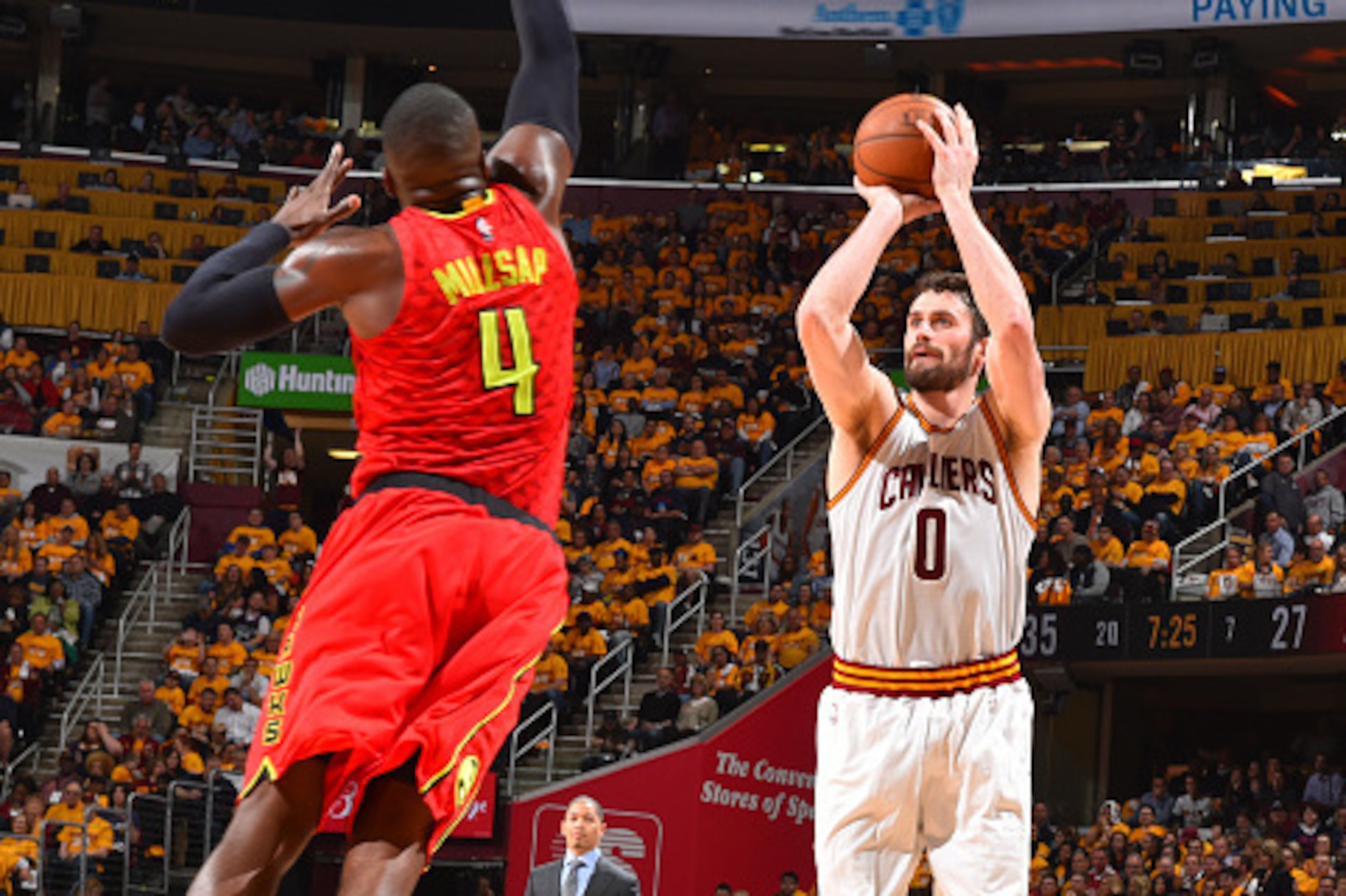 CLEVELAND,OH :  Kevin Love #0 of the Cleveland Cavaliers shoots the ball against the Atlanta Hawks during the Eastern Conference Semifinals Game One on May 2, 2016 at The Quicken Loans Arena in Cleveland, Ohio. NOTE TO USER: User expressly acknowledges an