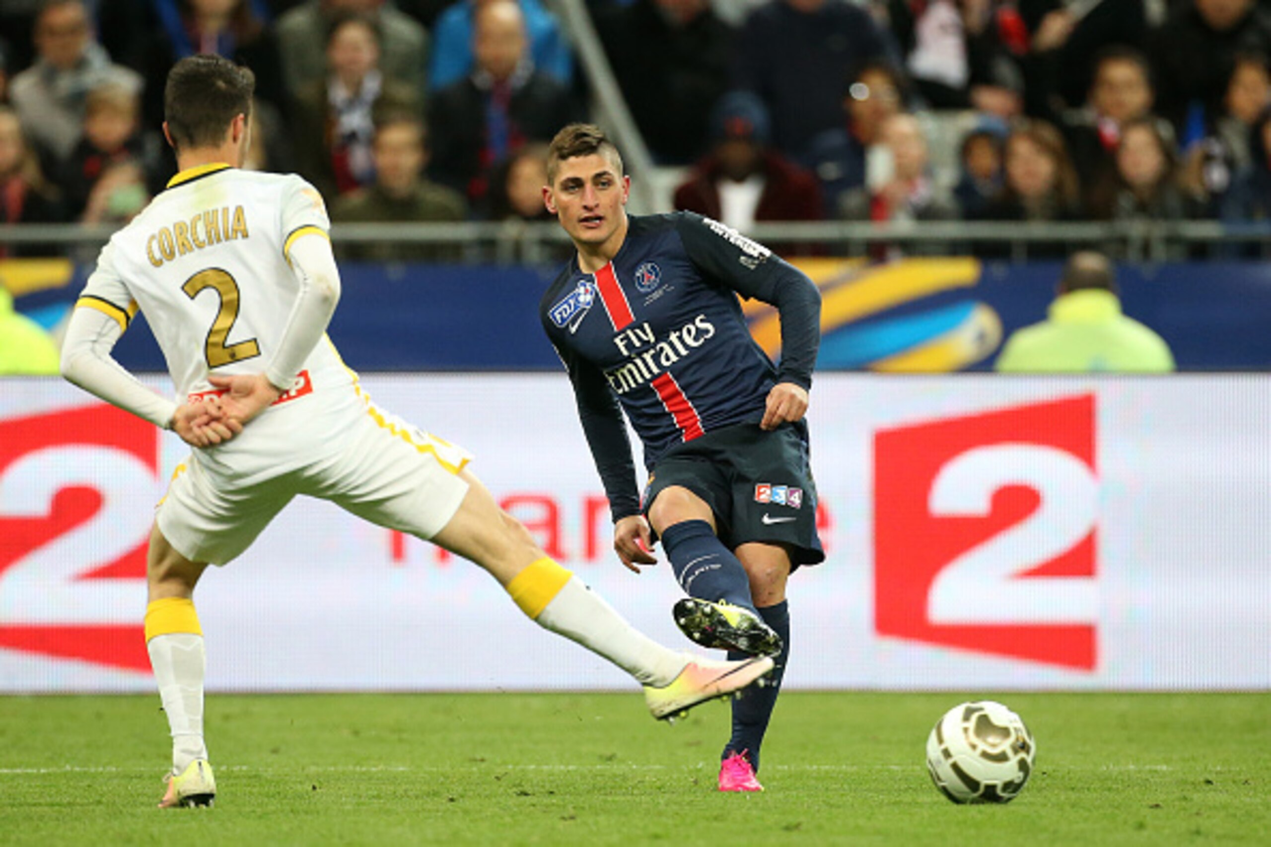 PARIS, FRANCE - APRIL 23: Marco Verratti of PSG in action during the French League Cup final (finale de la Coupe de la Ligue) between Paris Saint-Germain (PSG) and Lille OSC (LOSC) at Stade de France on April 23, 2016 in Saint-Denis nearby Paris. (Photo b PARIS, FRANCE - APRIL 23: Marco Verratti of PSG in action during the French League Cup final (finale de la Coupe de la Ligue) between Paris Saint-Germain (PSG) and Lille OSC (LOSC) at Stade de France on April 23, 2016 in Saint-Denis nearby Paris. (Photo b