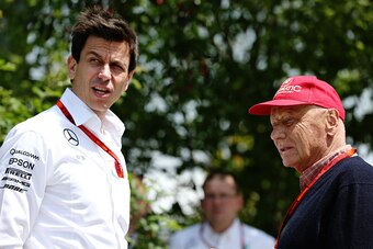 SHANGHAI, CHINA - APRIL 17:  Mercedes GP Executive Director Toto Wolff talks with Mercedes GP non-executive chairman Niki Lauda in the Paddock ahead of the Formula One Grand Prix of China at Shanghai International Circuit on April 17, 2016 in Shanghai, Ch